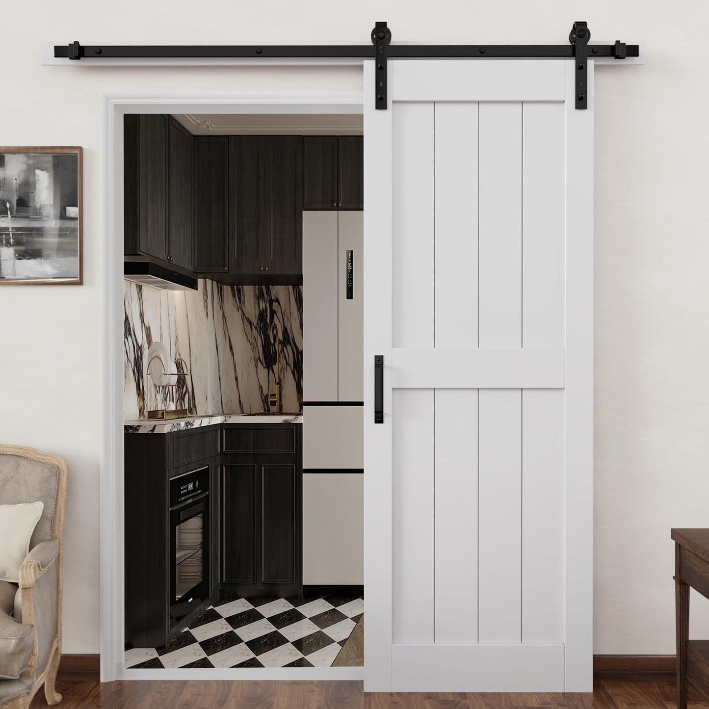 Barn Doors and Hardware Included Track Kit & Handle, Easy Install Sliding Barn Door, Solid MDF Wood Slab Covered with Water-Resistant & Scratch-Resistant Paint Surface, H-Frame