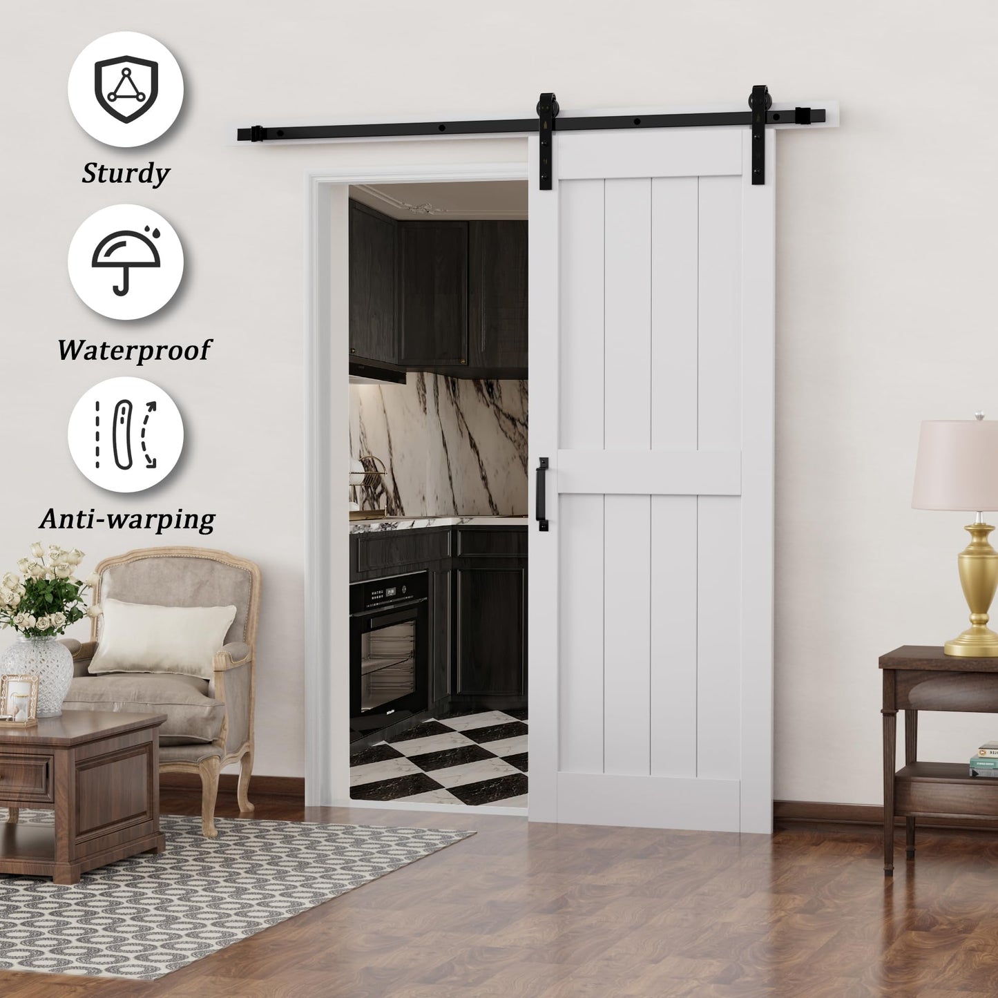Barn Doors and Hardware Included Track Kit & Handle, Easy Install Sliding Barn Door, Solid MDF Wood Slab Covered with Water-Resistant & Scratch-Resistant Paint Surface, H-Frame