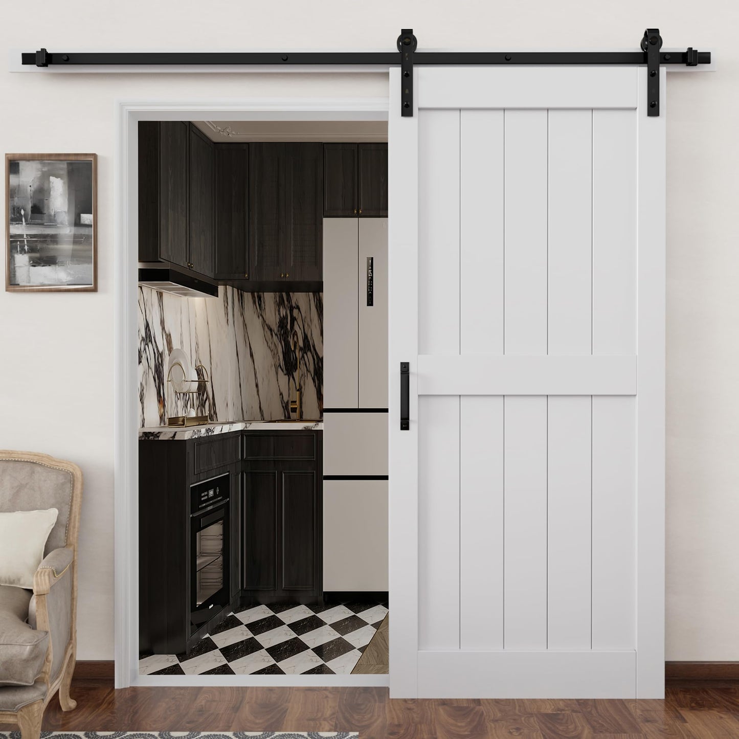 Barn Doors and Hardware Included Track Kit & Handle, Easy Install Sliding Barn Door, Solid MDF Wood Slab Covered with Water-Resistant & Scratch-Resistant Paint Surface, H-Frame