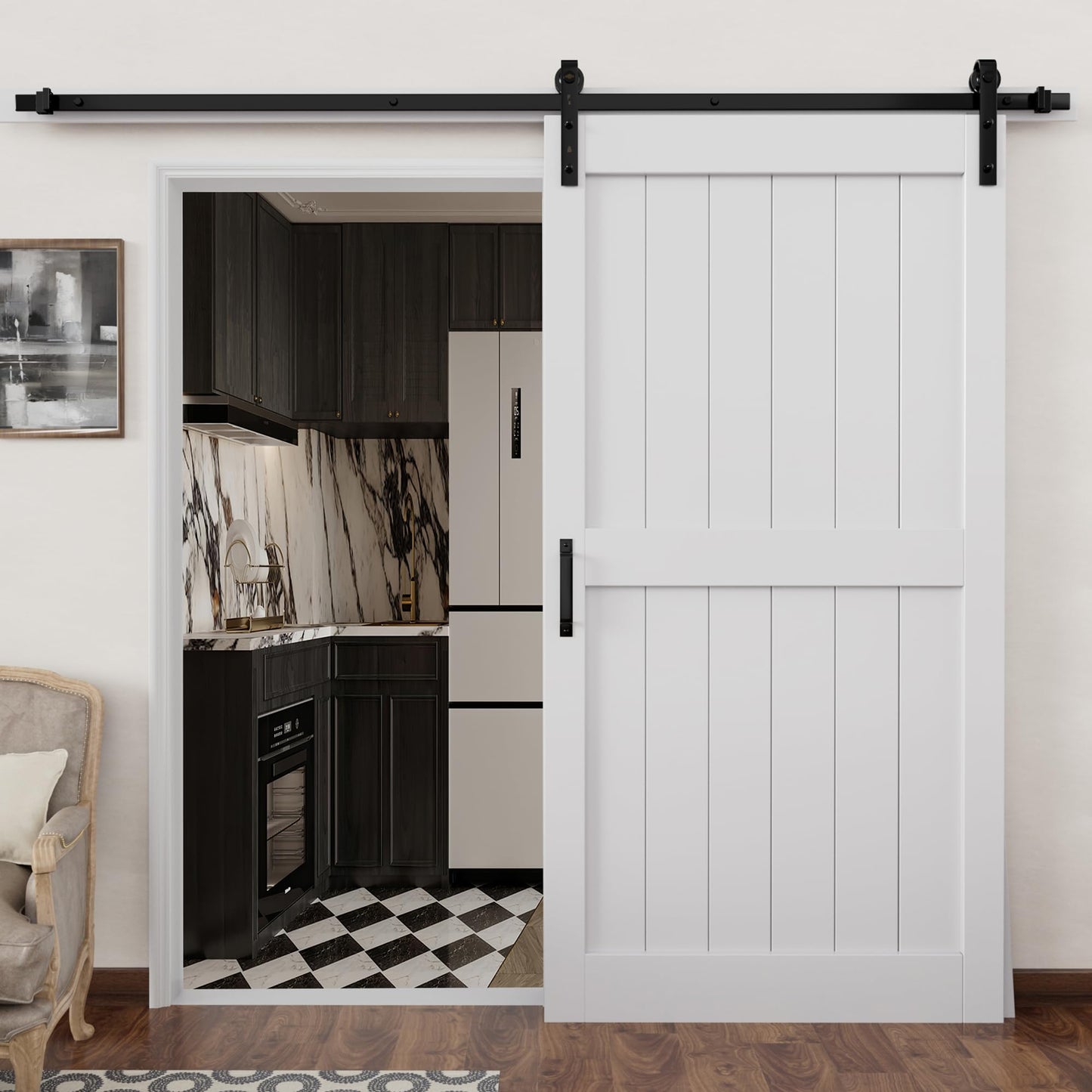 Barn Doors and Hardware Included Track Kit & Handle, Easy Install Sliding Barn Door, Solid MDF Wood Slab Covered with Water-Resistant & Scratch-Resistant Paint Surface, H-Frame