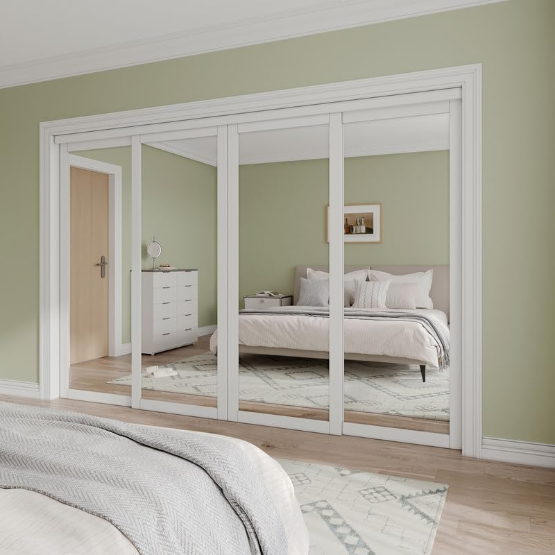 Mirrored Sliding Closet Door Interior Doors with Hardware Kit & Floor Guide, Preassembled One Side Mirror Door Pre-Drilled Easy Install
