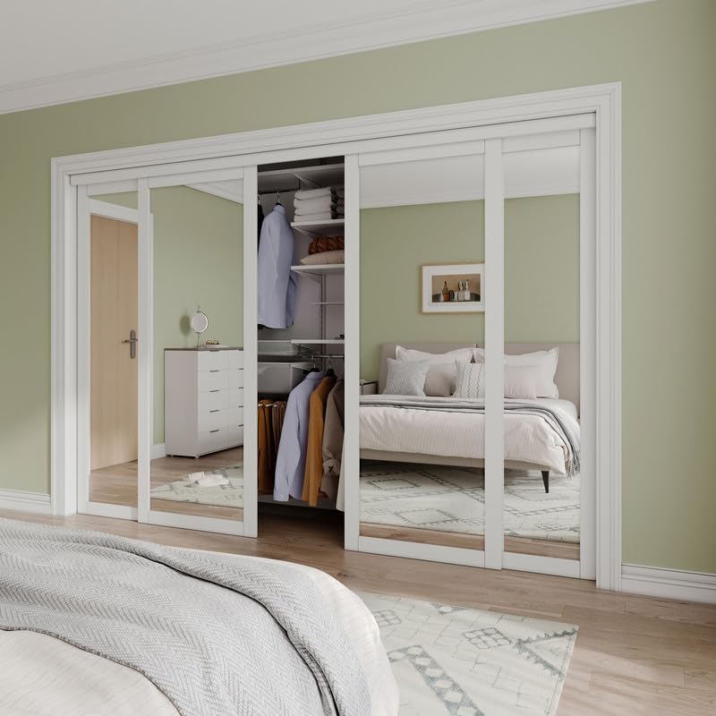 Mirrored Sliding Closet Door Interior Doors with Hardware Kit & Floor Guide, Preassembled One Side Mirror Door Pre-Drilled Easy Install