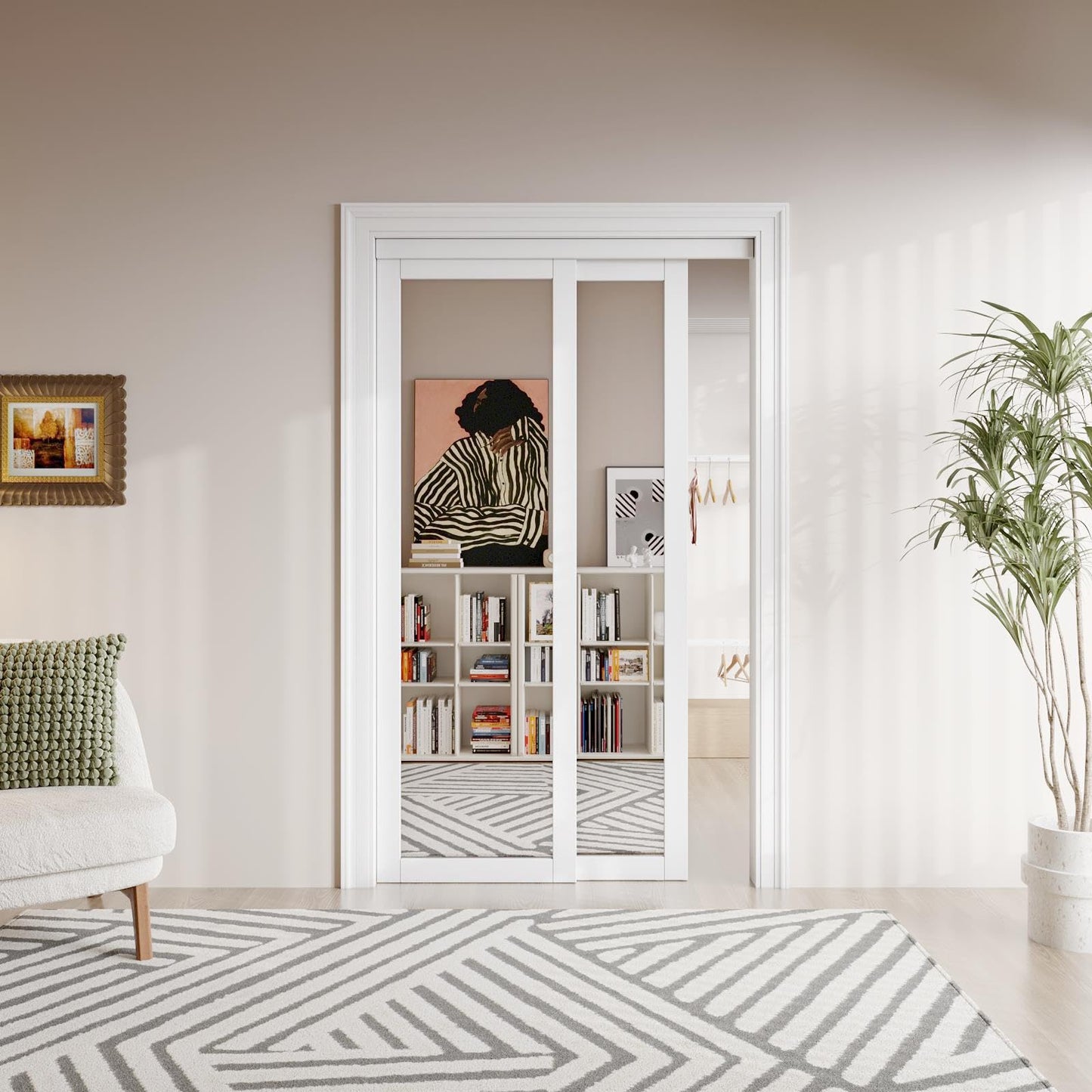 Mirrored Sliding Closet Door Interior Doors with Hardware Kit & Floor Guide, Preassembled One Side Mirror Door Pre-Drilled Easy Install
