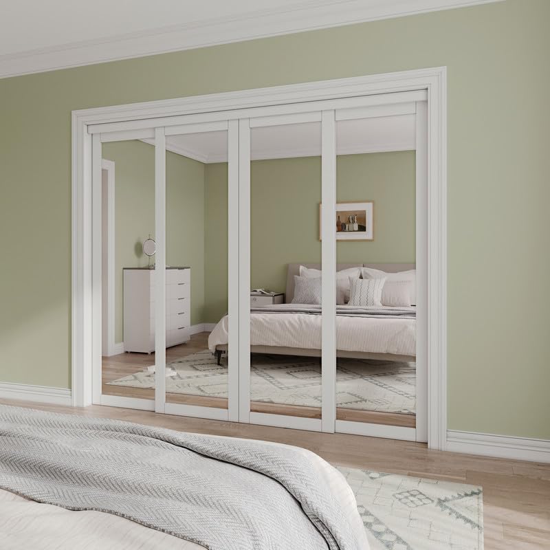 Mirrored Sliding Closet Door Interior Doors with Hardware Kit & Floor Guide, Preassembled One Side Mirror Door Pre-Drilled Easy Install