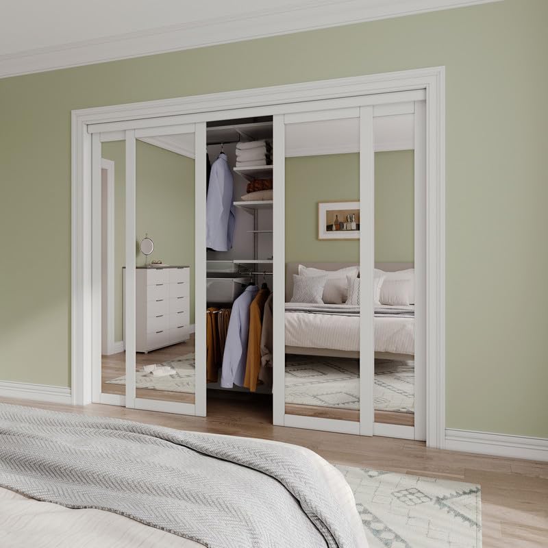 Mirrored Sliding Closet Door Interior Doors with Hardware Kit & Floor Guide, Preassembled One Side Mirror Door Pre-Drilled Easy Install