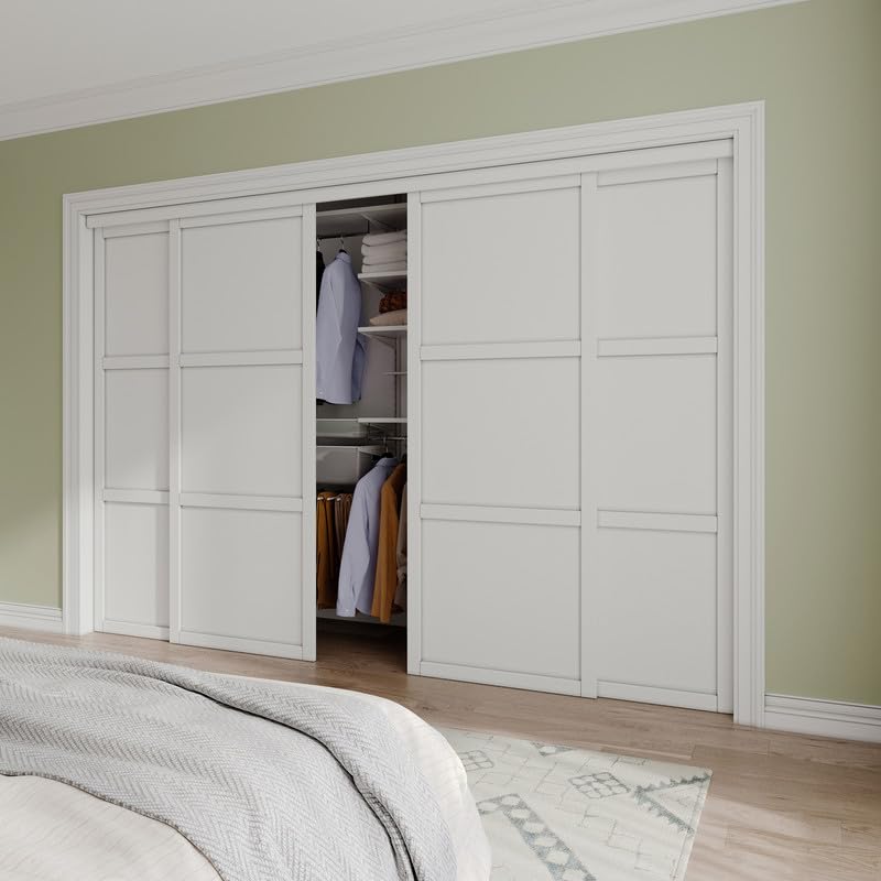 Paintable Sliding Closet Door Interior Doors with Hardware Kit & Floor Guide, 3-Lite Engineering Wood Door Pre-Drilled Easy Install