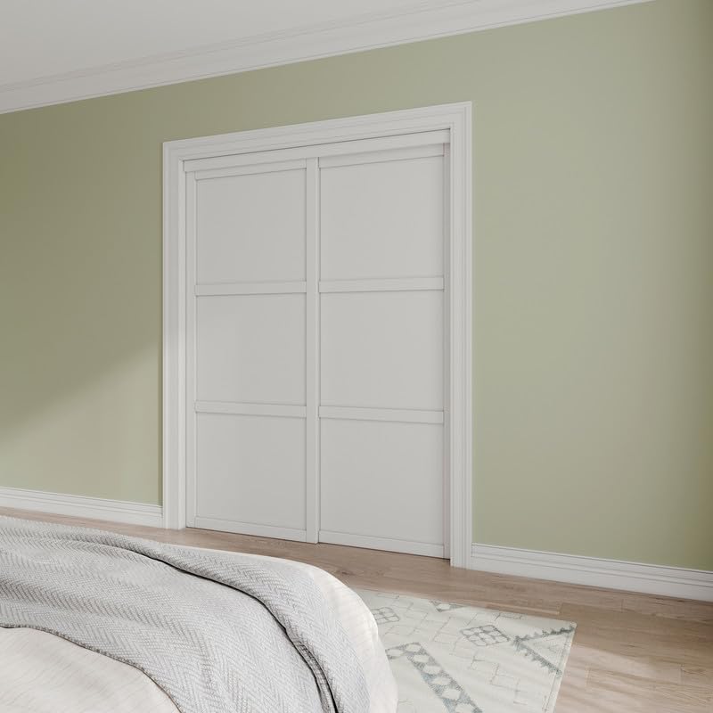 Paintable Sliding Closet Door Interior Doors with Hardware Kit & Floor Guide, 3-Lite Engineering Wood Door Pre-Drilled Easy Install