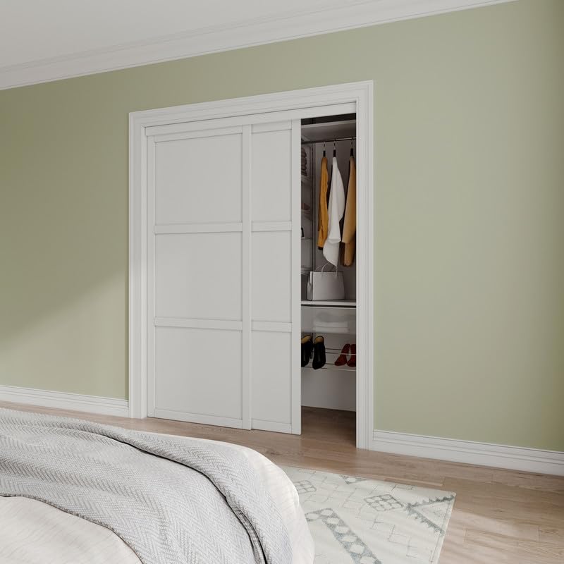 Paintable Sliding Closet Door Interior Doors with Hardware Kit & Floor Guide, 3-Lite Engineering Wood Door Pre-Drilled Easy Install