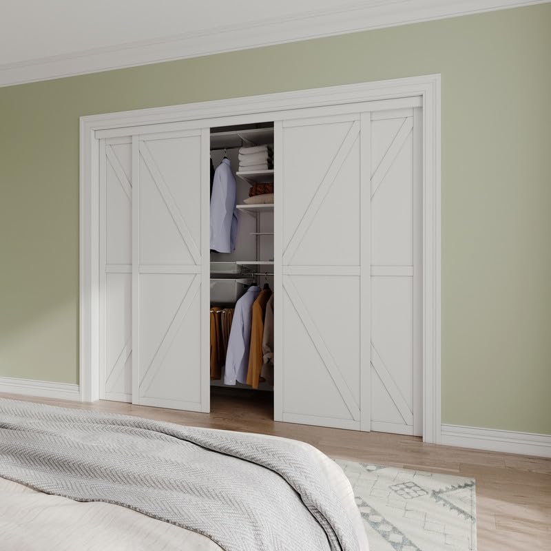 Paintable Sliding Closet Door Interior Doors with Hardware Kit & Floor Guide, 3-Lite Engineering Wood Door Pre-Drilled Easy Install