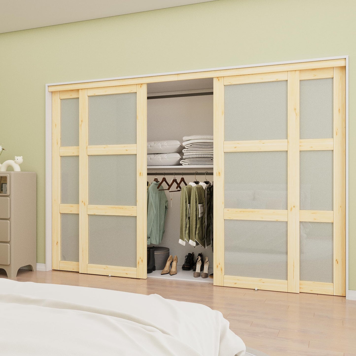 Paintable Sliding Closet Door, 3-Lite Frosted Glass Door with Hardware Kit & Matching Fascia, Bypass Interior Door, Solid Core Pine Wood & Paintable, Unfinished, Easy to Install, Pine Wood