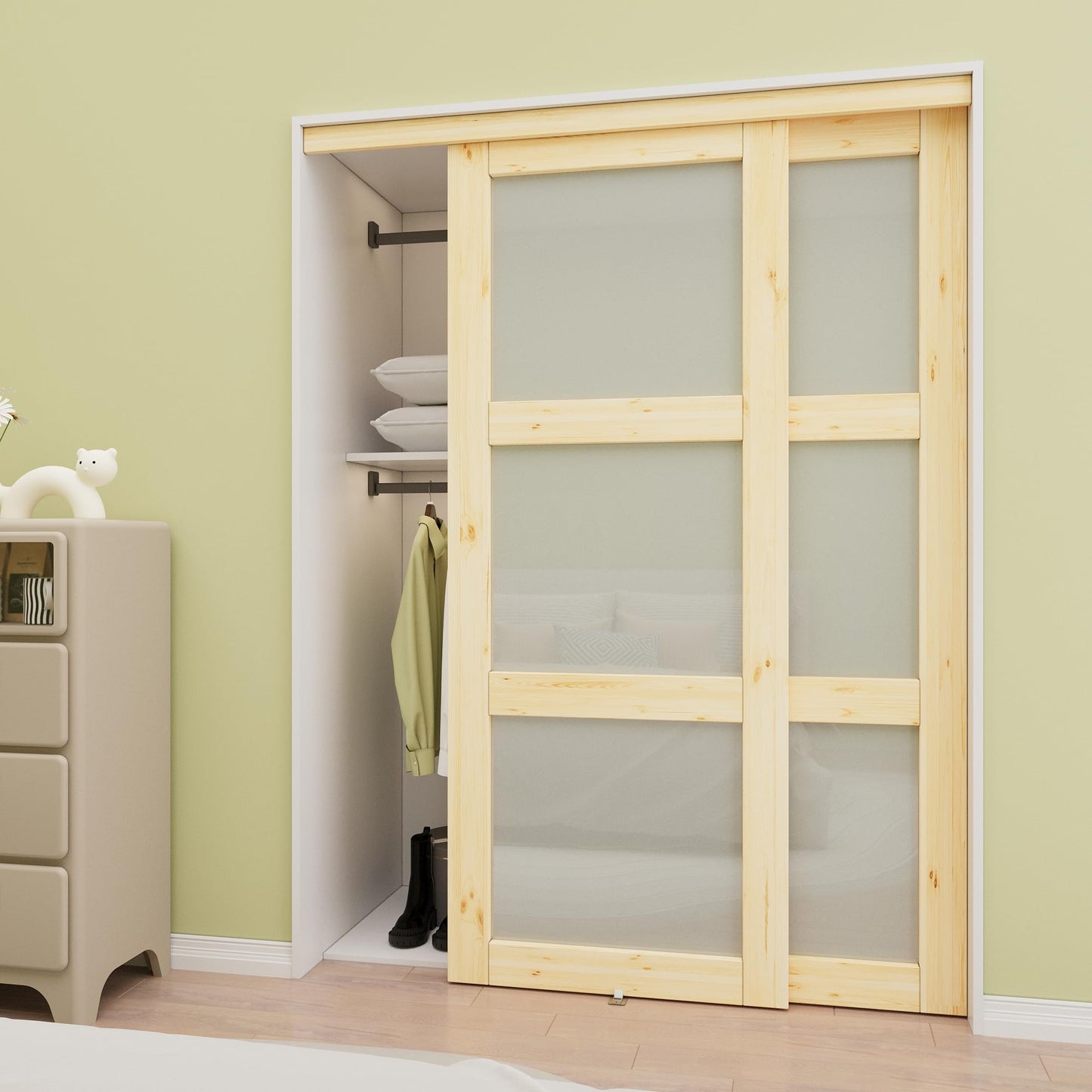 Paintable Sliding Closet Door, 3-Lite Frosted Glass Door with Hardware Kit & Matching Fascia, Bypass Interior Door, Solid Core Pine Wood & Paintable, Unfinished, Easy to Install, Pine Wood