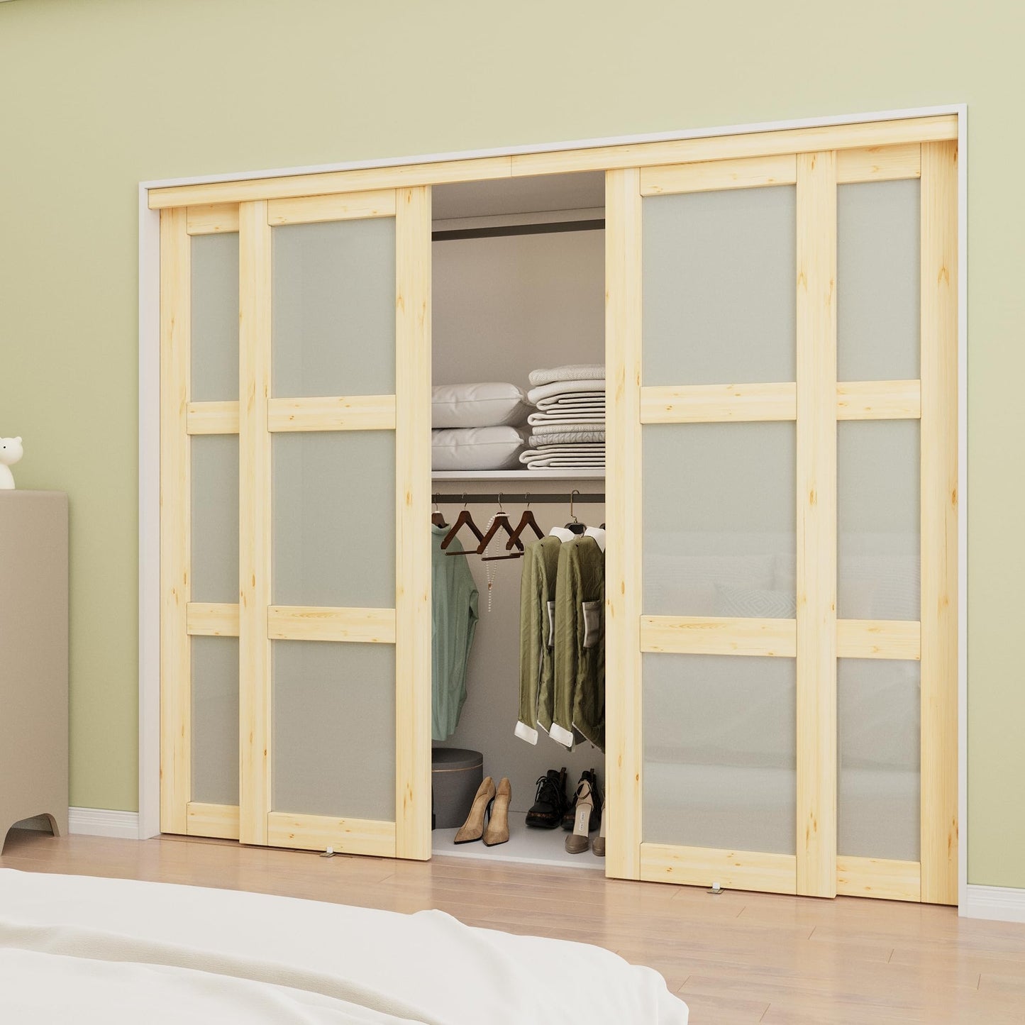 Paintable Sliding Closet Door, 3-Lite Frosted Glass Door with Hardware Kit & Matching Fascia, Bypass Interior Door, Solid Core Pine Wood & Paintable, Unfinished, Easy to Install, Pine Wood
