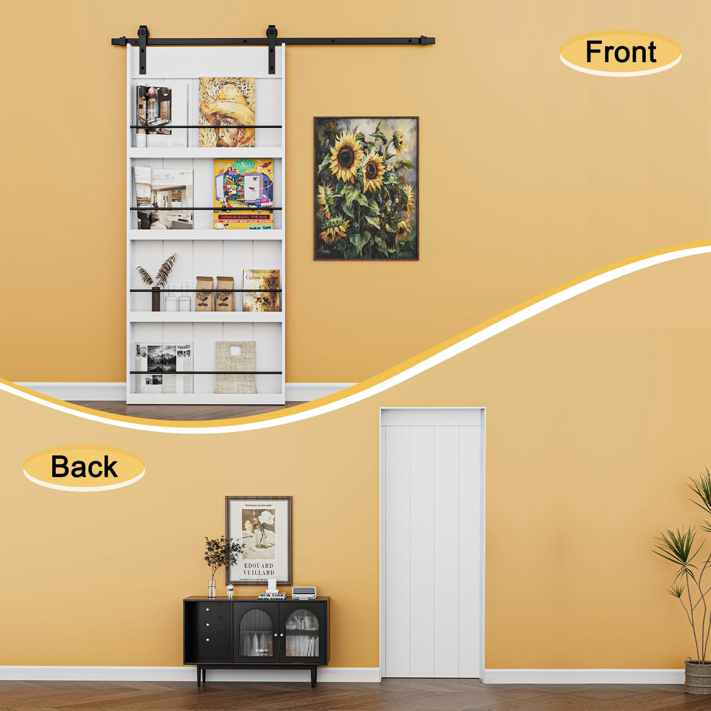 Paintable Barn Door with Hardware Kit Included, Solid MDF Wood 4-Shelf Storage Shelves Style Sliding Barn Door, Easy Install, Interior Kitchen Pantry Bathroom Home Office Door