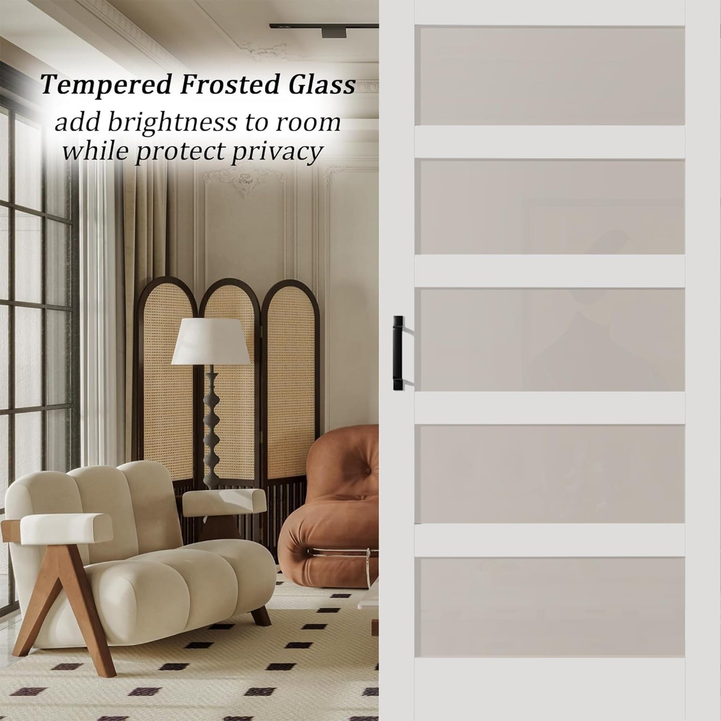 Glass Barn Doors and Hardware Included, Pre-Drilled Easy Assembly, White Sliding Barn Door with Heavy Duty 1/6 Inch Tempered Frosted Glass for Interior