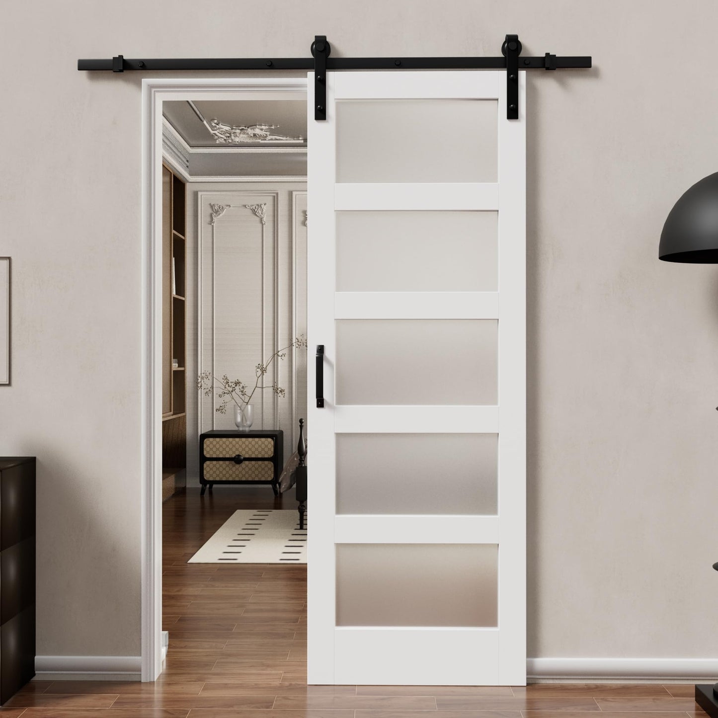 Glass Barn Doors and Hardware Included, Pre-Drilled Easy Assembly, White Sliding Barn Door with Heavy Duty 1/6 Inch Tempered Frosted Glass for Interior