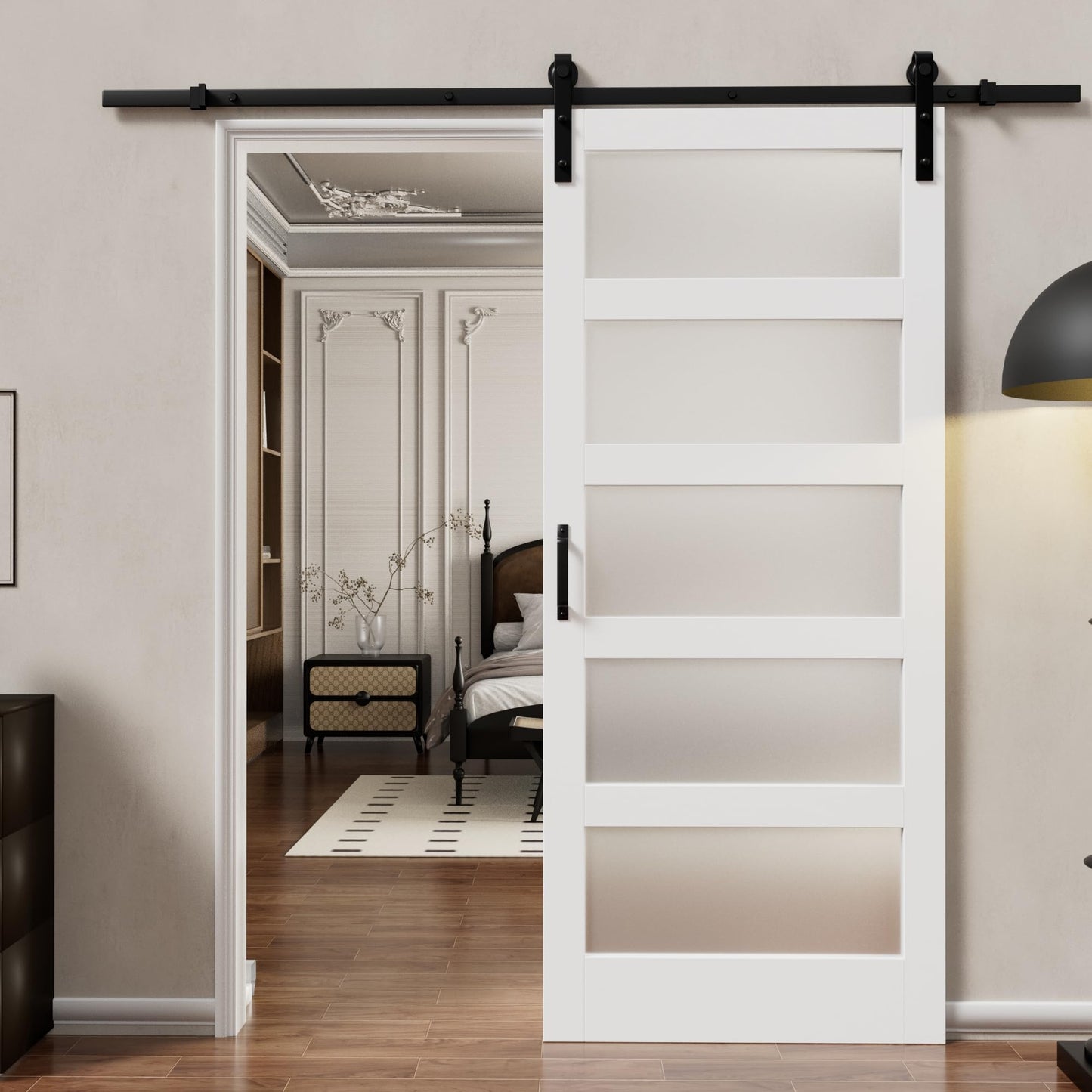 Glass Barn Doors and Hardware Included, Pre-Drilled Easy Assembly, White Sliding Barn Door with Heavy Duty 1/6 Inch Tempered Frosted Glass for Interior