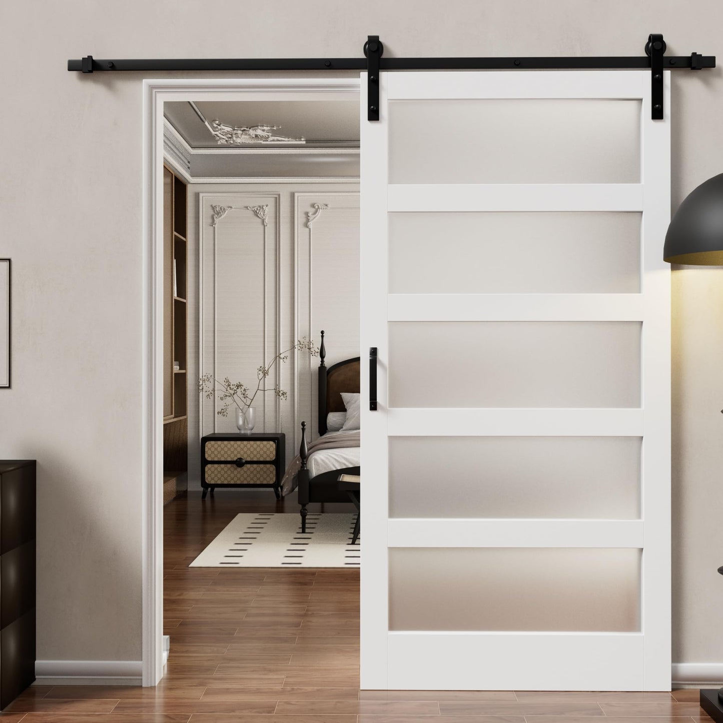 Glass Barn Doors and Hardware Included, Pre-Drilled Easy Assembly, White Sliding Barn Door with Heavy Duty 1/6 Inch Tempered Frosted Glass for Interior