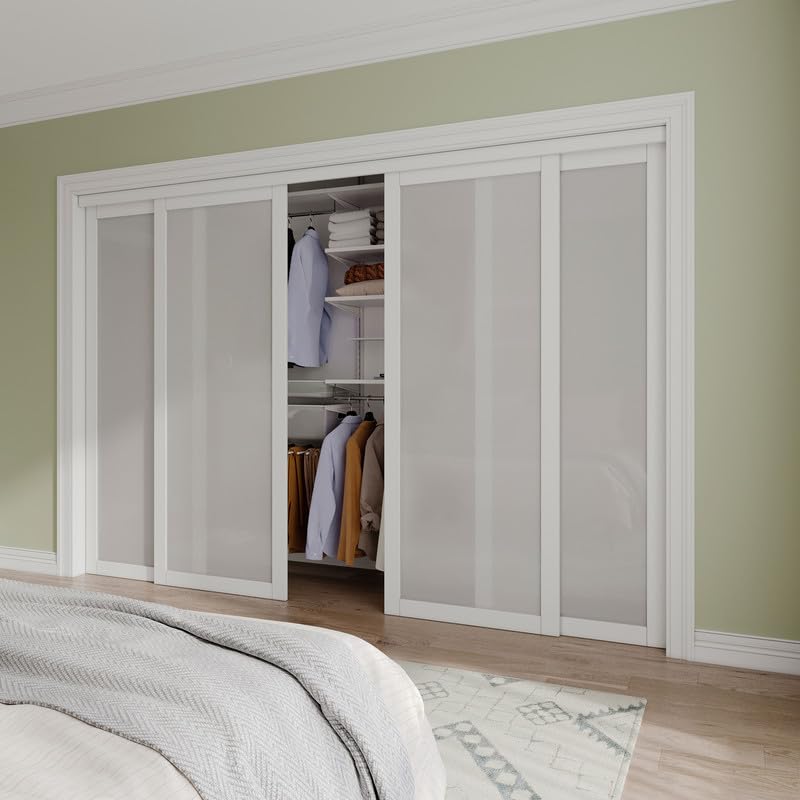 Sliding Closet Door Interior Doors with Hardware Kit & Floor Guide, Tempered Frosted Glass Door Pre-Drilled Easy Instal
