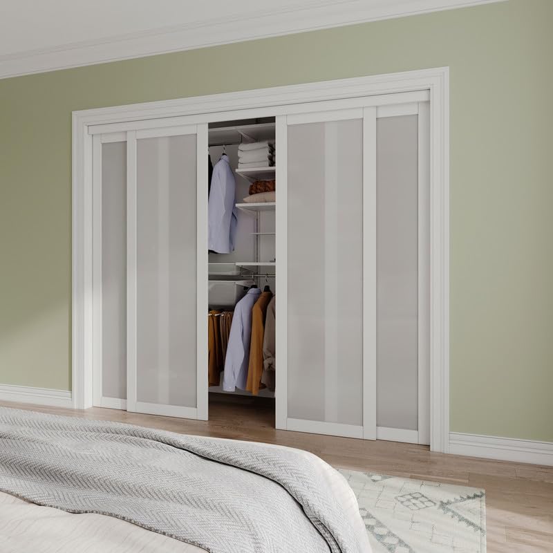Sliding Closet Door Interior Doors with Hardware Kit & Floor Guide, Tempered Frosted Glass Door Pre-Drilled Easy Instal