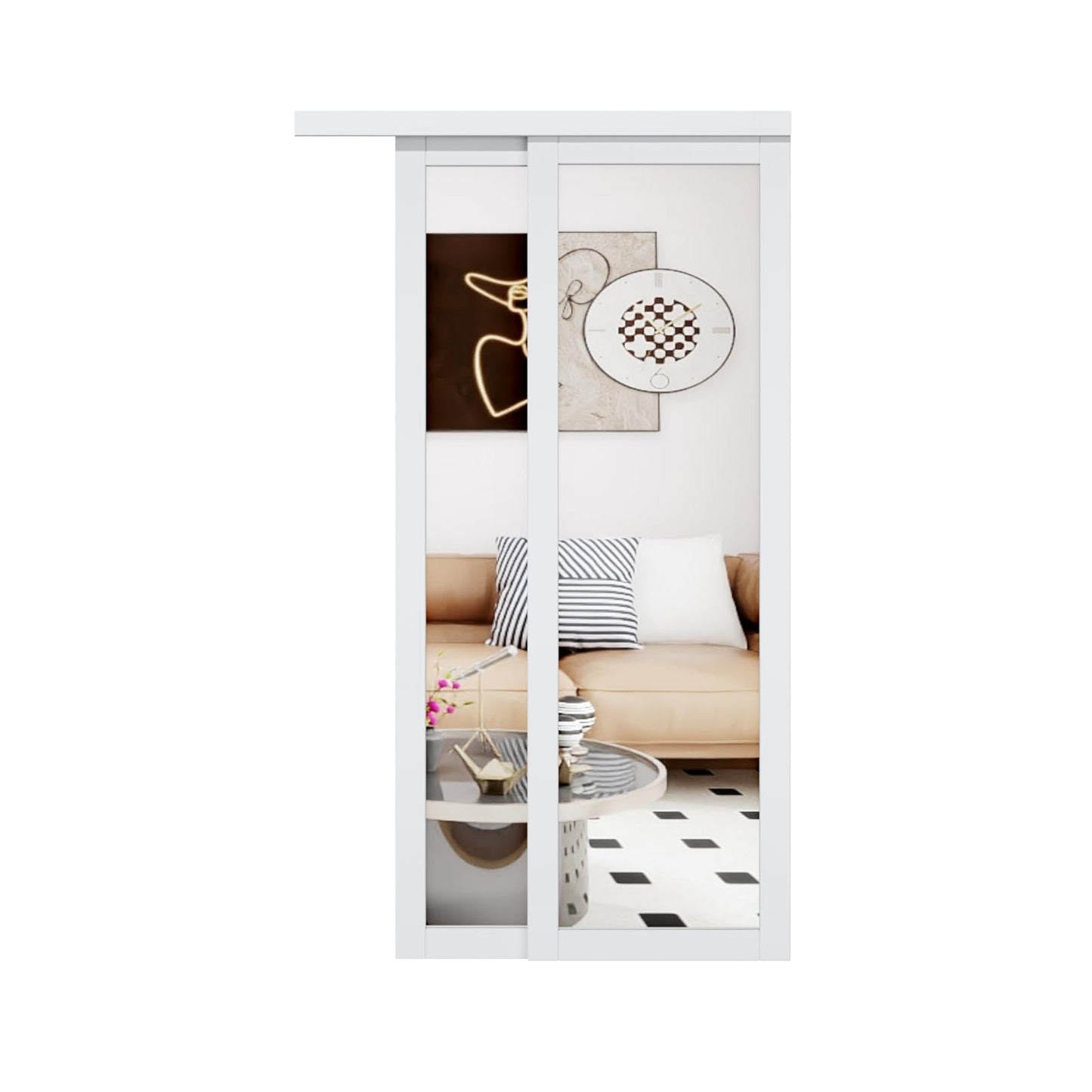 Mirrored Sliding Closet Door Interior Doors with Hardware Kit & Floor Guide, Preassembled One Side Mirror Door Pre-Drilled Easy Install