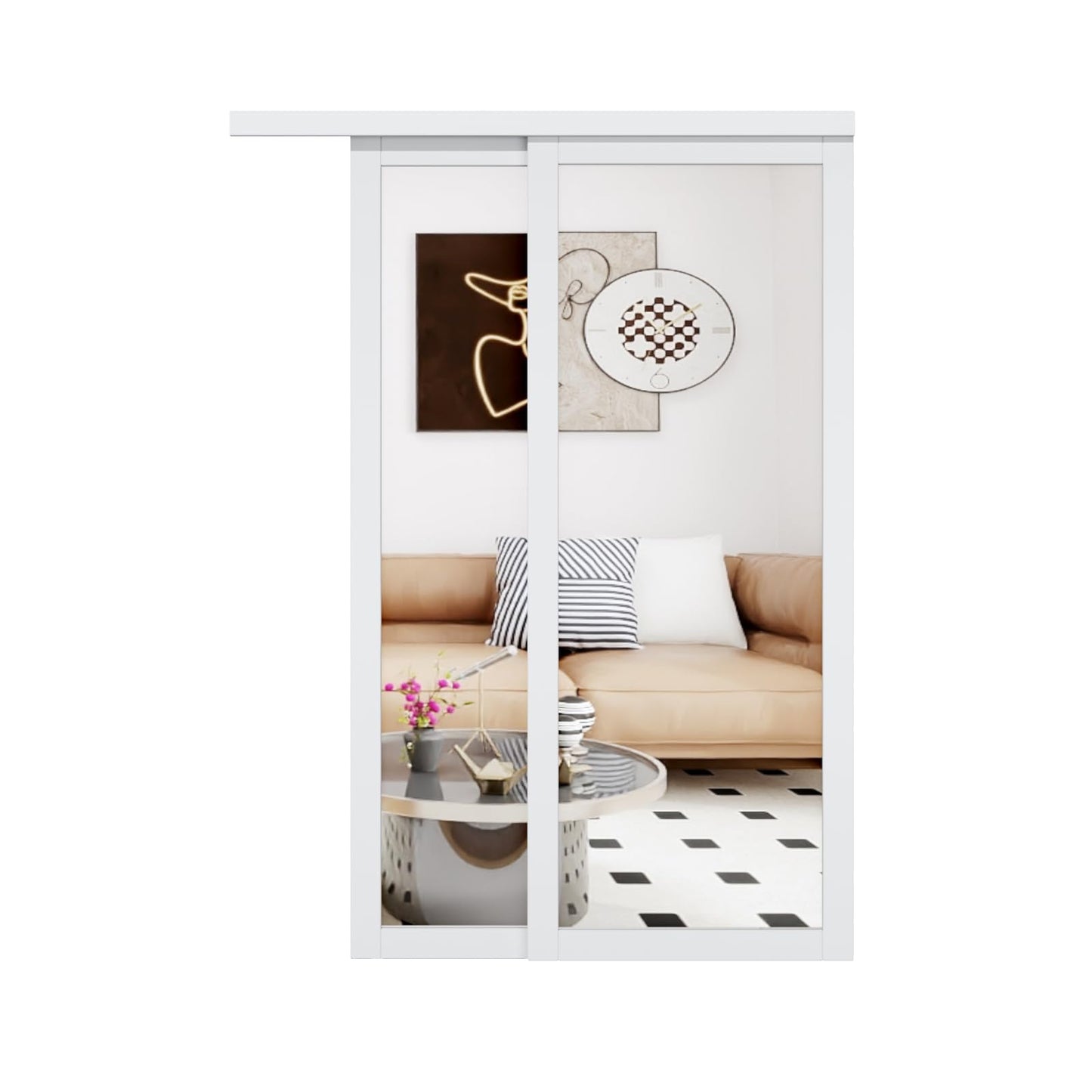 Mirrored Sliding Closet Door Interior Doors with Hardware Kit & Floor Guide, Preassembled One Side Mirror Door Pre-Drilled Easy Install
