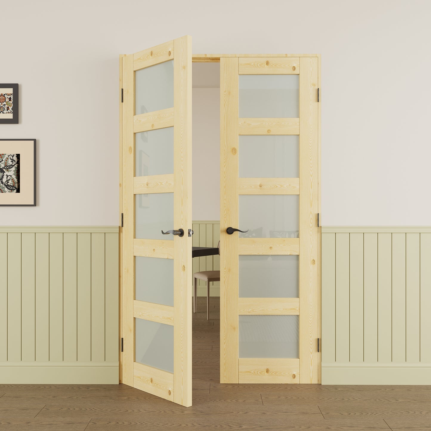 JUJUBON Prehung French Door, 5-Lite Tempered Frosted Glass & Pine Wood Door Slabs with Jamb, Black Hinges, 4 Levers & Latch, Solid Core Interior Doors, Unfinished Double Doors Interior