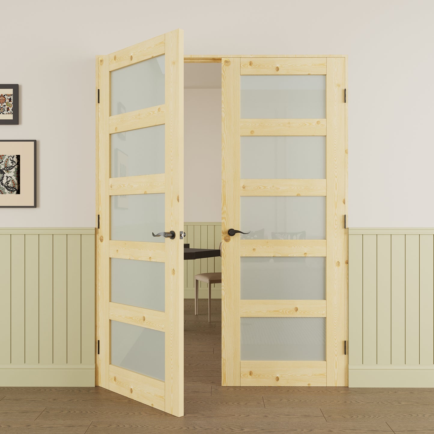 JUJUBON Prehung French Door, 5-Lite Tempered Frosted Glass & Pine Wood Door Slabs with Jamb, Black Hinges, 4 Levers & Latch, Solid Core Interior Doors, Unfinished Double Doors Interior