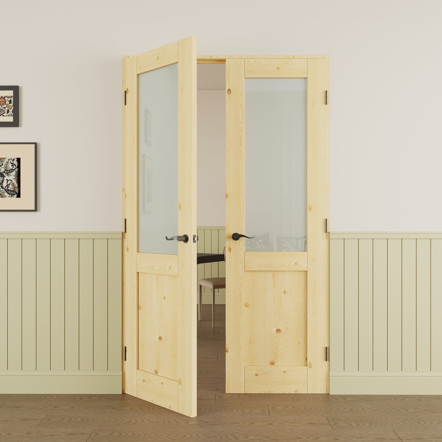 JUJUBON Prehung French Door, Half Tempered Frosted Glass & Pine Wood Door Slabs with Jamb, Black Hinges, 4 Levers & Latch, Solid Core Interior Doors, Unfinished Double Doors Interior