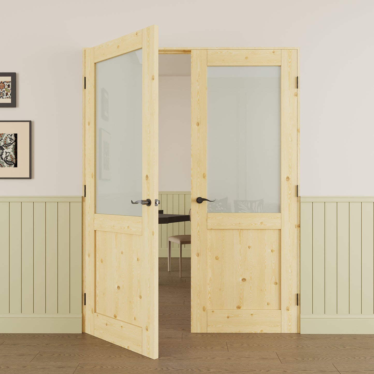 JUJUBON Prehung French Door, Half Tempered Frosted Glass & Pine Wood Door Slabs with Jamb, Black Hinges, 4 Levers & Latch, Solid Core Interior Doors, Unfinished Double Doors Interior