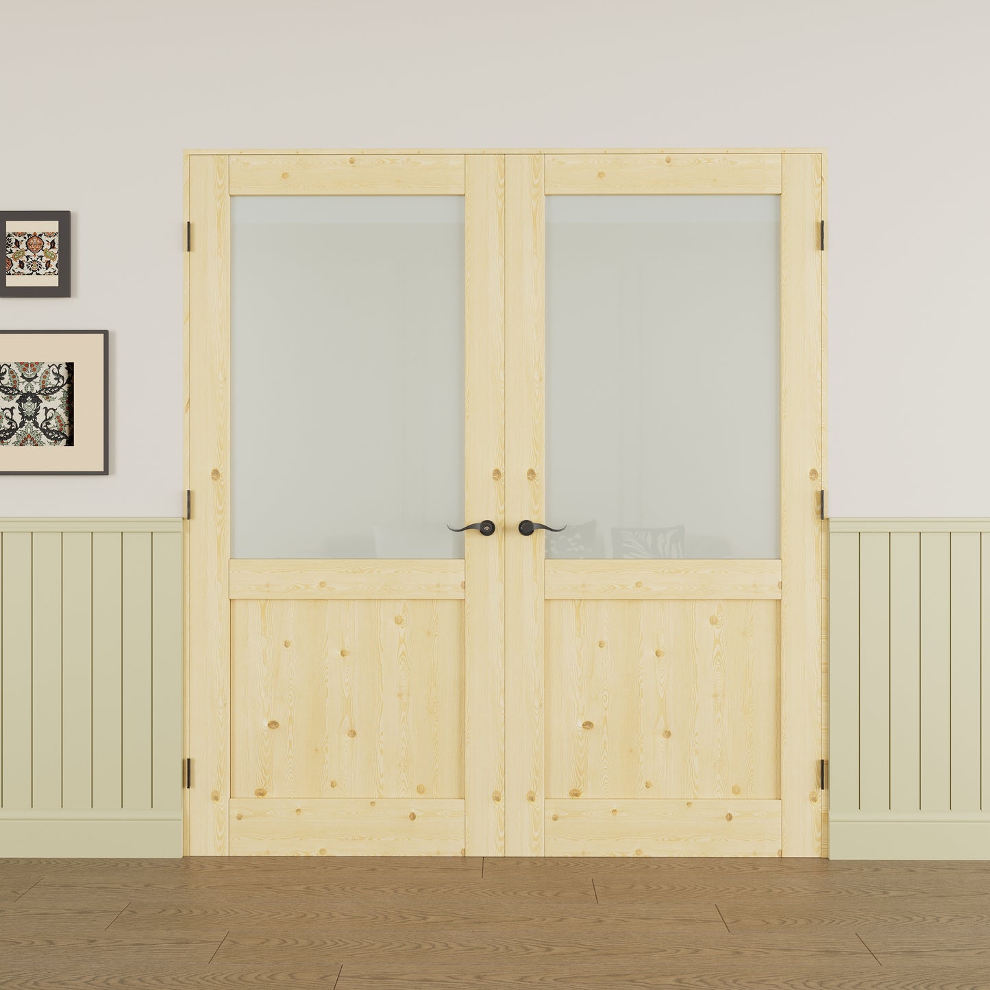 JUJUBON Prehung French Door, Half Tempered Frosted Glass & Pine Wood Door Slabs with Jamb, Black Hinges, 4 Levers & Latch, Solid Core Interior Doors, Unfinished Double Doors Interior