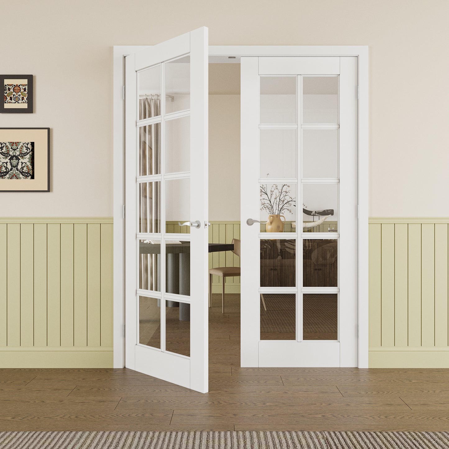 JUJUBON Prehung French Door, 10-Lite Clear Glass Panel with Sliver Handware Kits, 4 Levers & Latch, Solid Core Interior Doors, Pre-Finished & Paintable, MDF Double Doors Interior