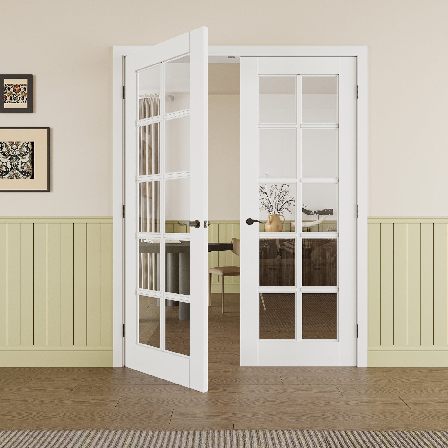 JUJUBON Prehung French Door, 10-Lite Tempered Clear Glass Door Slabs with Jamb, Black Hinges, 4 Levers & Latch, Solid Core Interior Doors, Pre-Finished & Paintable,Double Doors Interior