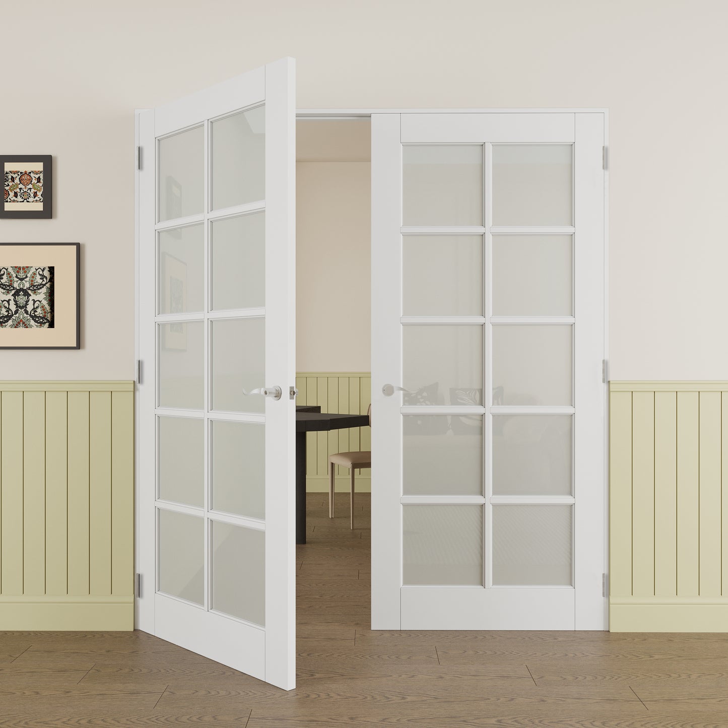 JUJUBON Prehung French Door, 10-Lite Frosted Glass Panel with Sliver Handware Kits, 4 Levers & Latch, Solid Core Interior Doors, Pre-Finished & Paintable, MDF Double Doors Interior