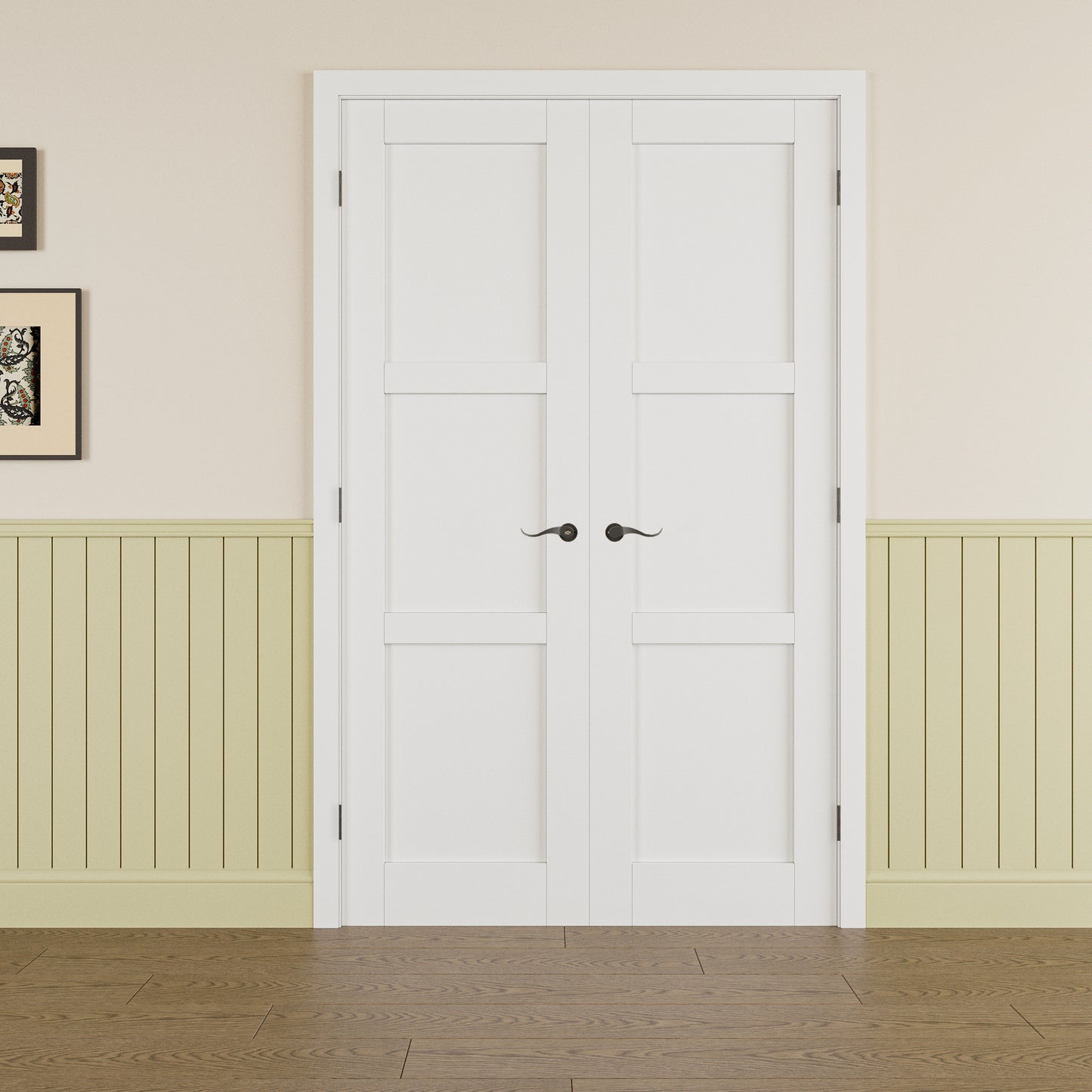 JUJUBON Prehung French Door, 3 Panel Solid Core Door Slabs with Jamb, Black Hinges, 4 Levers & Latch, Solid Core Interior Doors, Pre-Finished & Paintable, MDF Double Doors Interior