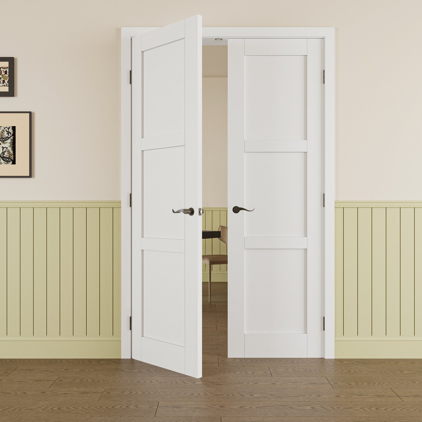 JUJUBON Prehung French Door, 3 Panel Solid Core Door Slabs with Jamb, Black Hinges, 4 Levers & Latch, Solid Core Interior Doors, Pre-Finished & Paintable, MDF Double Doors Interior