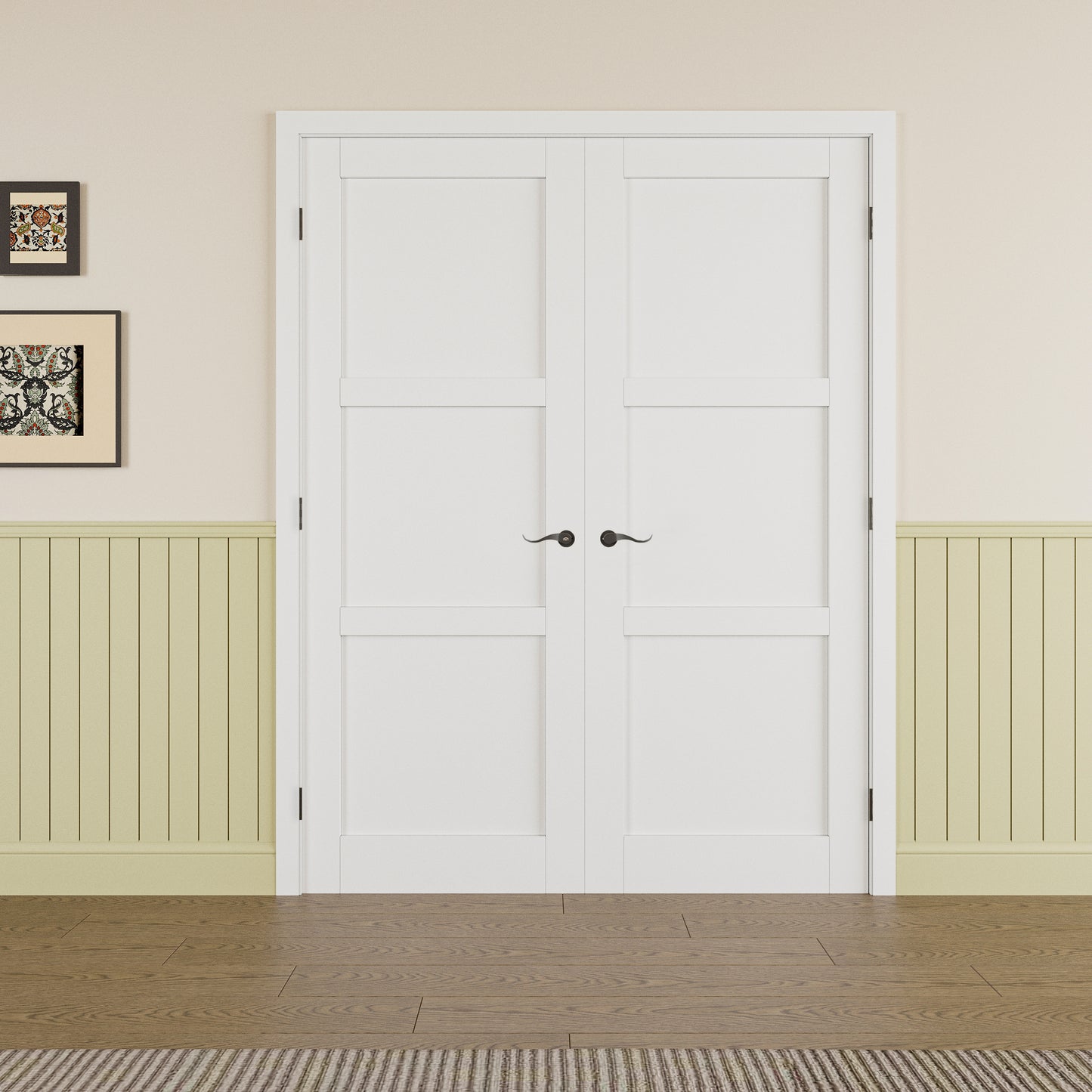 JUJUBON Prehung French Door, 3 Panel Solid Core Door Slabs with Jamb, Black Hinges, 4 Levers & Latch, Solid Core Interior Doors, Pre-Finished & Paintable, MDF Double Doors Interior