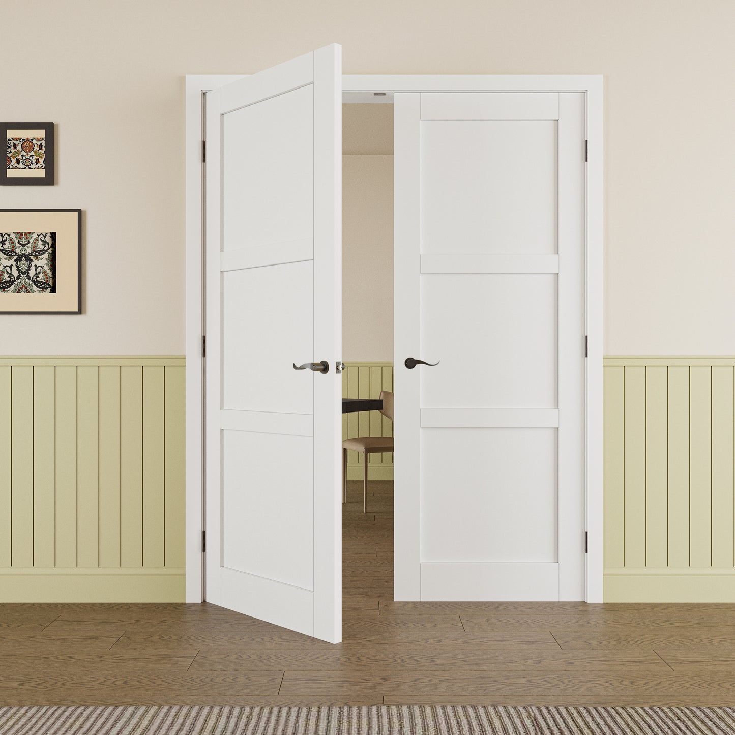 JUJUBON Prehung French Door, 3 Panel Solid Core Door Slabs with Jamb, Black Hinges, 4 Levers & Latch, Solid Core Interior Doors, Pre-Finished & Paintable, MDF Double Doors Interior