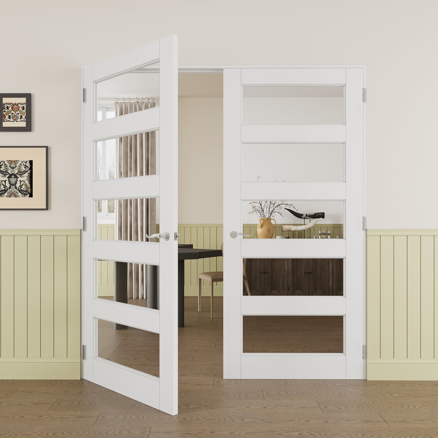 JUJUBON Prehung French Door, 5-Lite Clear Glass Panel with Sliver Handware Kits, 4 Levers & Latch, Solid Core Interior Doors, Pre-Finished & Paintable, MDF Double Doors Interior