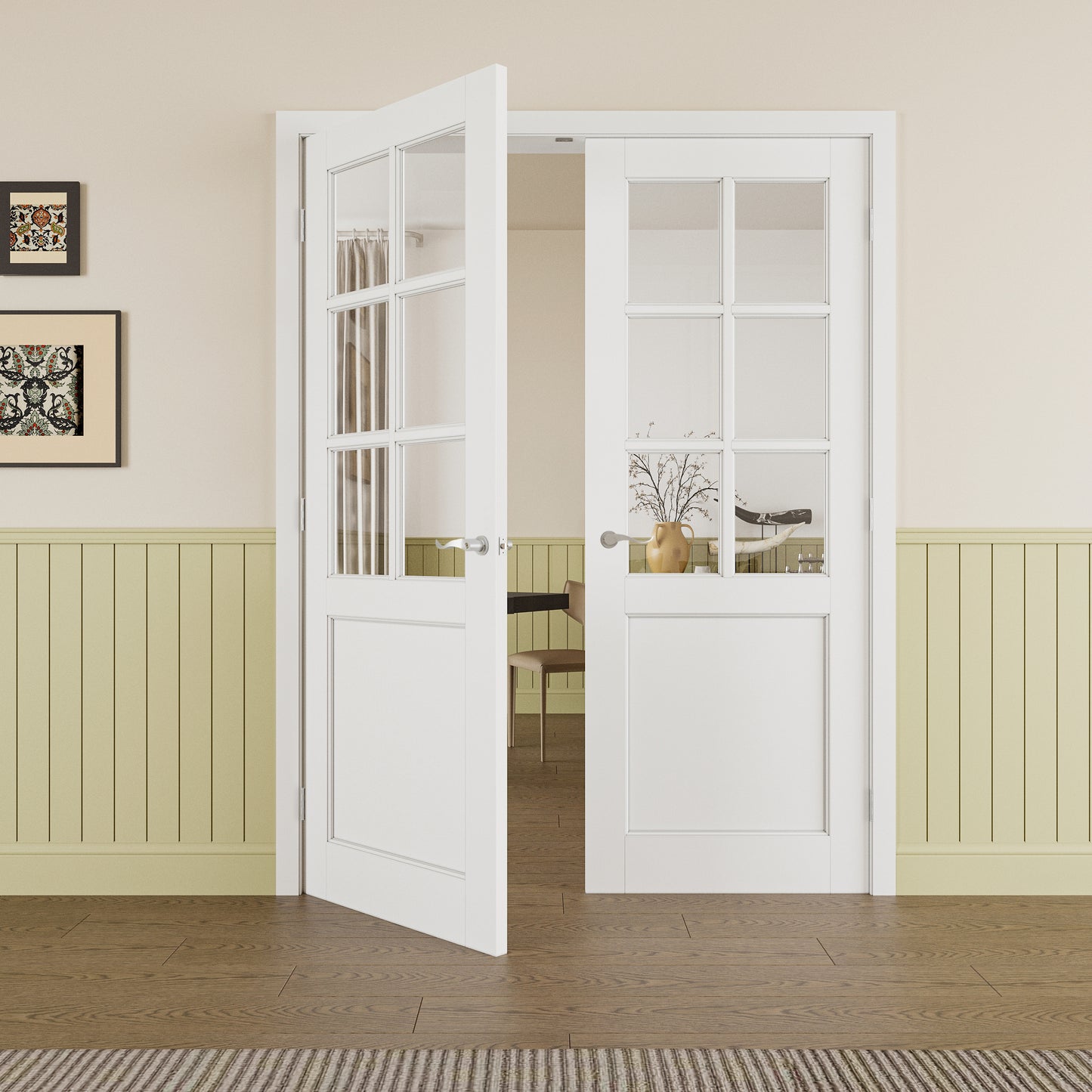 JUJUBON Prehung French Door, 6-Lite Clear Glass Panel with Sliver Handware Kits, 4 Levers & Latch, Solid Core Interior Doors, Pre-Finished & Paintable, MDF Double Doors Interior