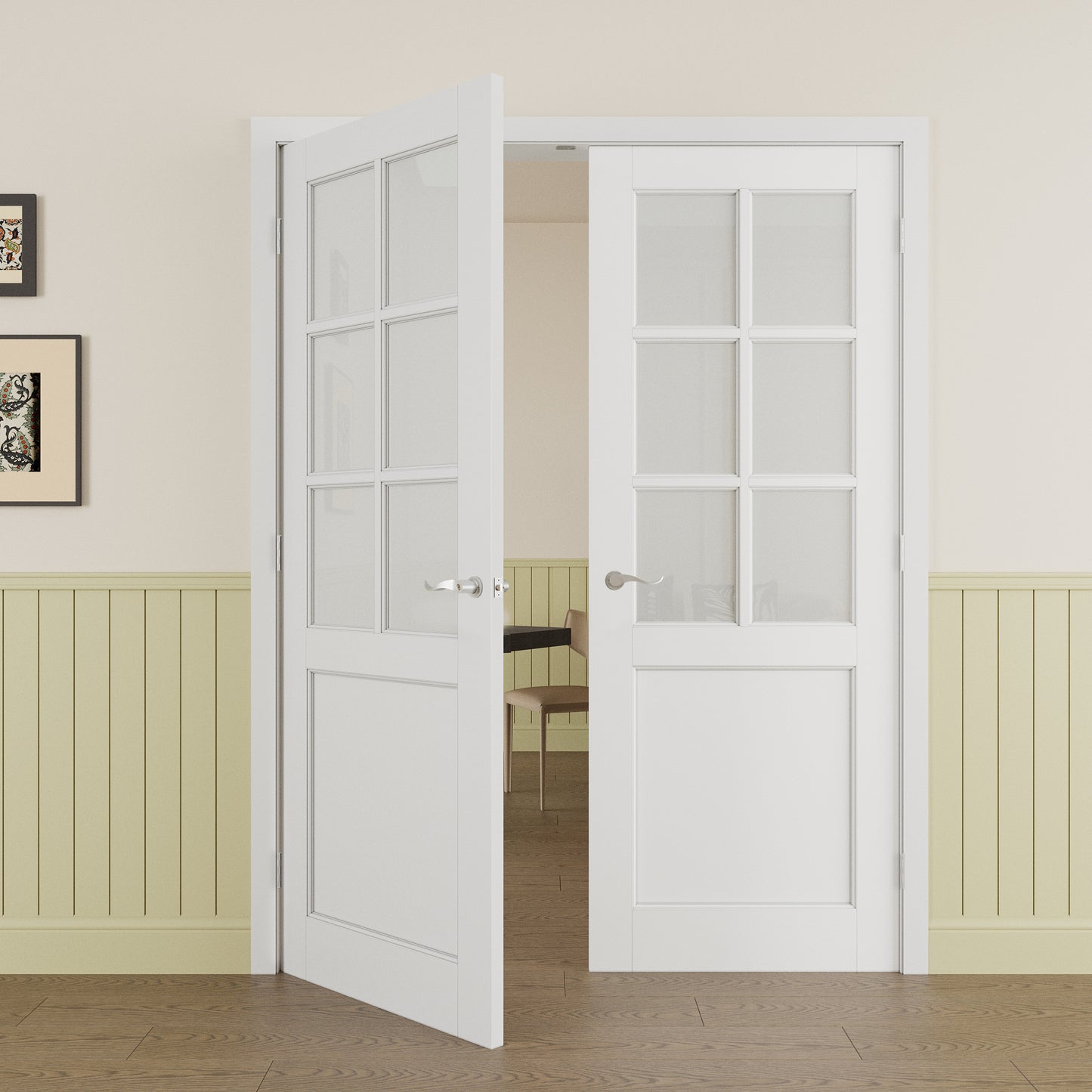 JUJUBON Prehung French Door, 6-Lite Frosted Glass Panel with Sliver Handware Kits, 4 Levers & Latch, Solid Core Interior Doors, Pre-Finished & Paintable, MDF Double Doors Interior