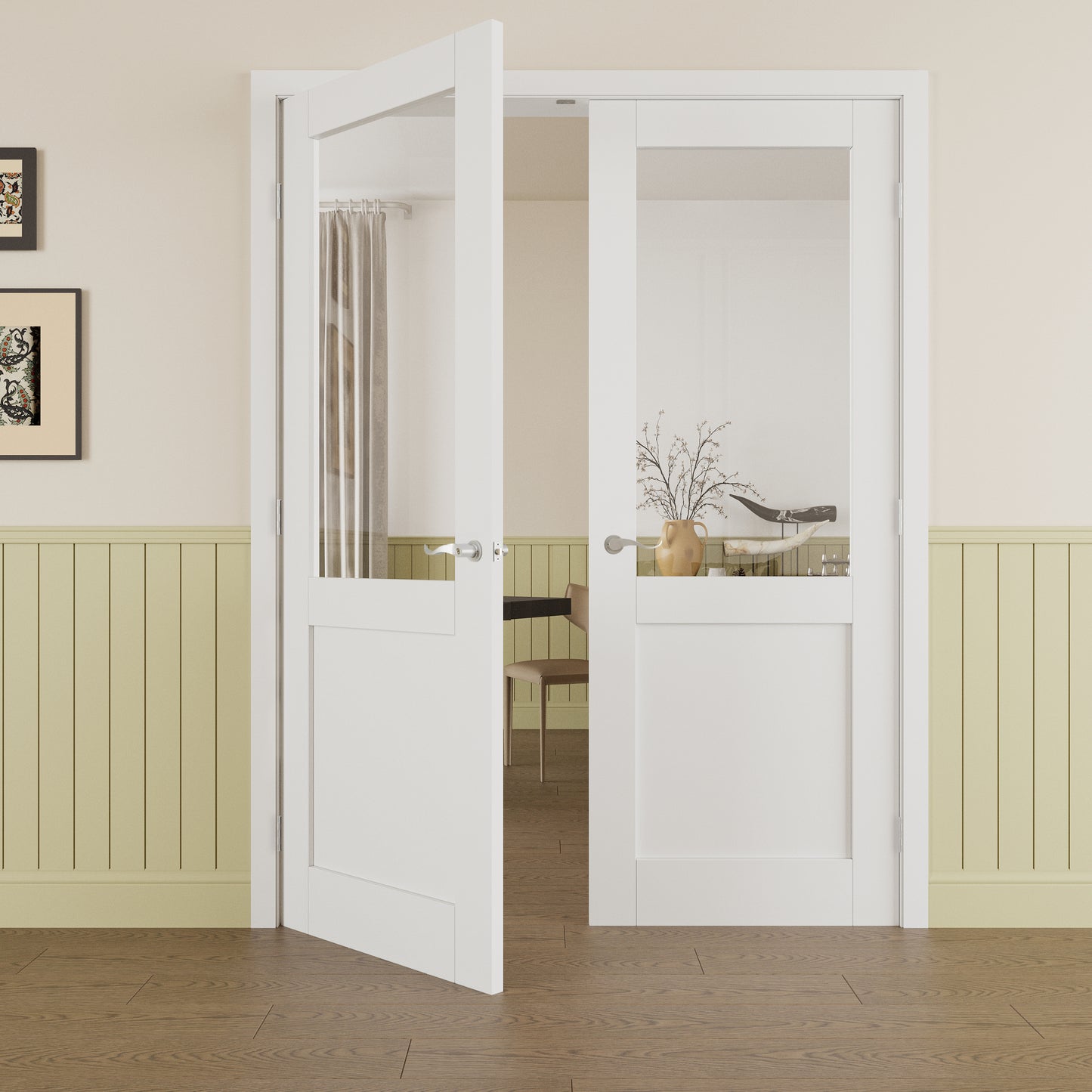 JUJUBON Prehung French Door, Half-Lite Clear Glass Panel with Sliver Handware Kits, 4 Levers & Latch, Solid Core Interior Doors, Pre-Finished & Paintable, MDF Double Doors Interior