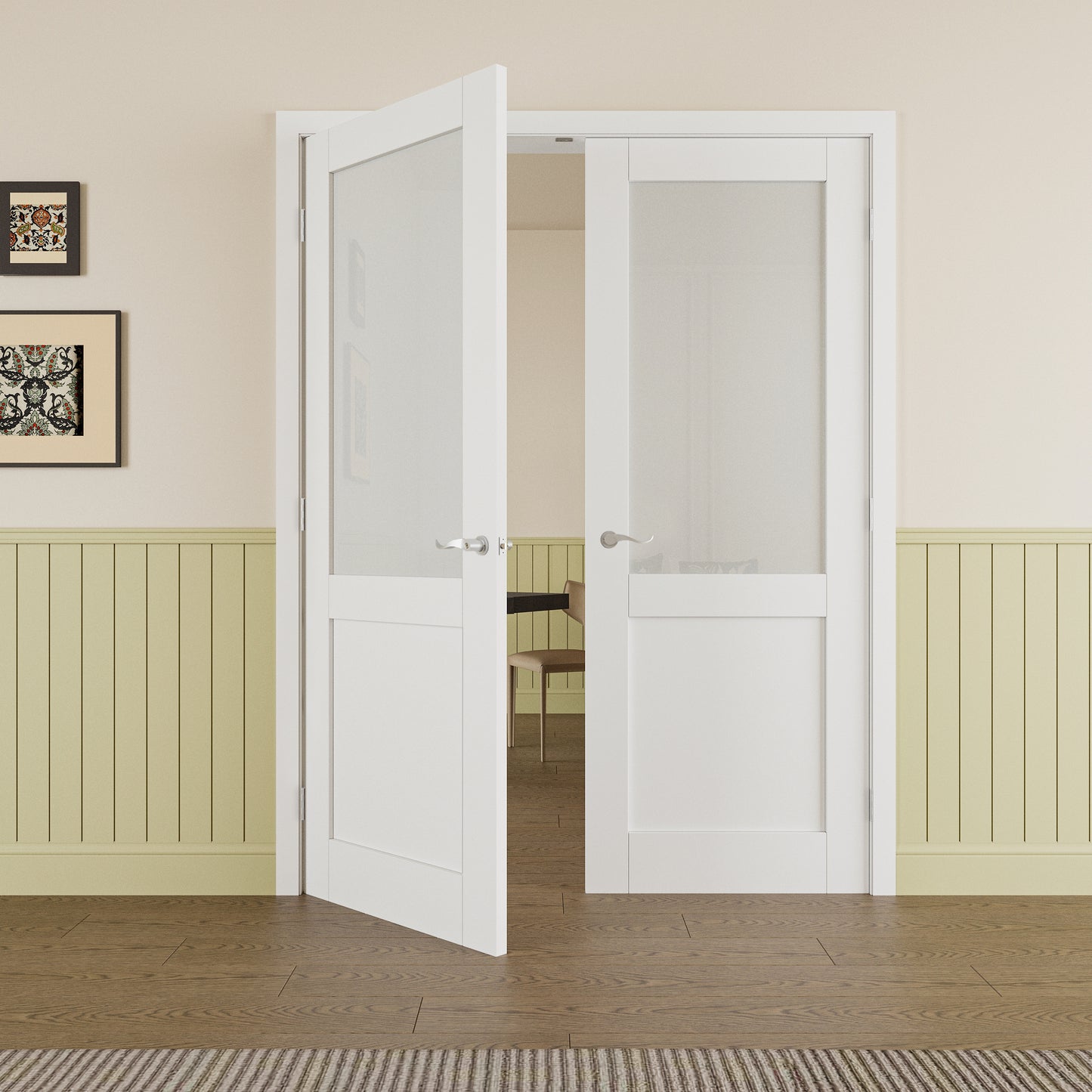 JUJUBON Prehung French Door, Half-Lite Frosted Glass Panel with Sliver Handware Kits, 4 Levers & Latch, Solid Core Interior Doors, Pre-Finished & Paintable, MDF Double Doors Interior