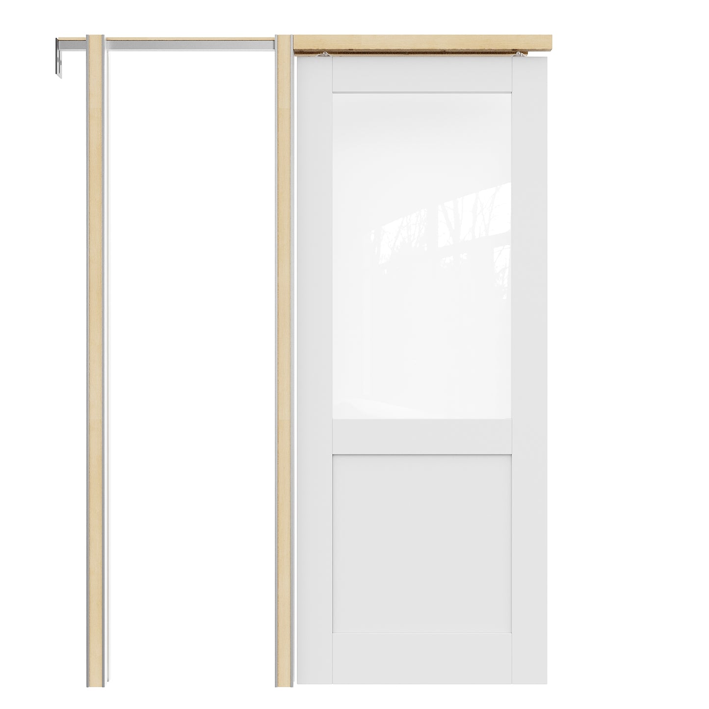 Jujubon Half-Lite Clear Glass Pocket Door with Hardware Kit & Soft Close & Frame, MDF Wood & Paint-grade Finished, White