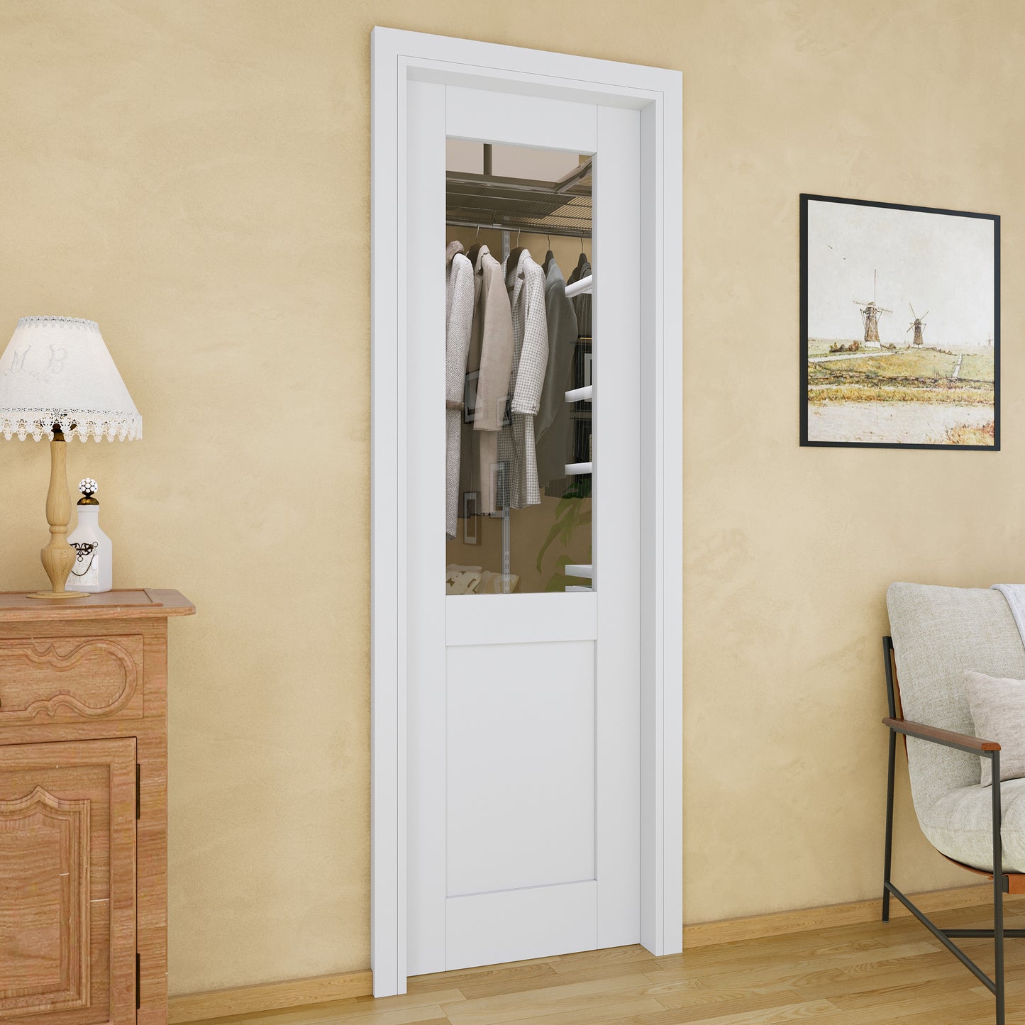Jujubon Half-Lite Clear Glass Pocket Door with Hardware Kit & Soft Close & Frame, MDF Wood & Paint-grade Finished, White
