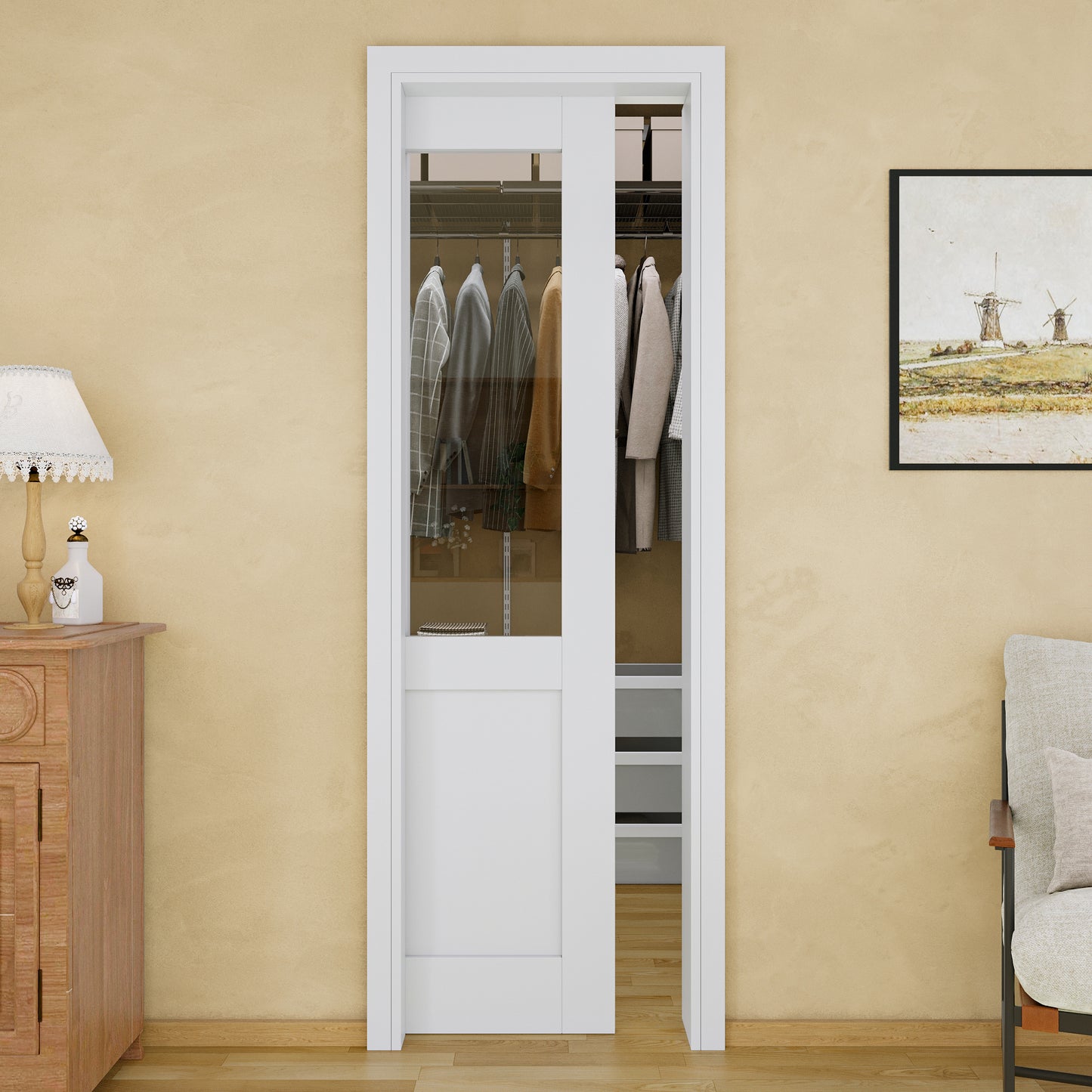 Jujubon Half-Lite Clear Glass Pocket Door with Hardware Kit & Soft Close & Frame, MDF Wood & Paint-grade Finished, White