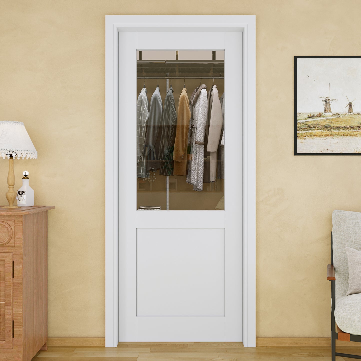 Jujubon Half-Lite Clear Glass Pocket Door with Hardware Kit & Soft Close & Frame, MDF Wood & Paint-grade Finished, White