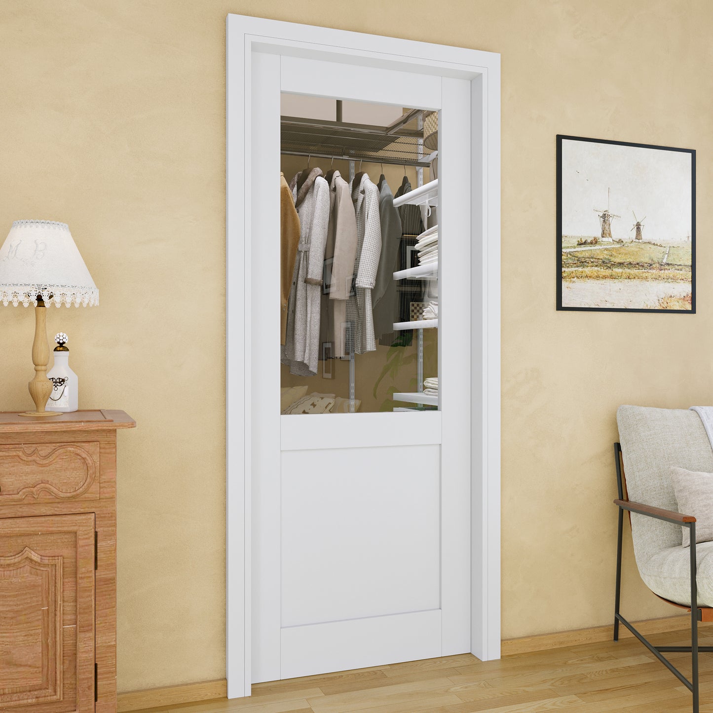 Jujubon Half-Lite Clear Glass Pocket Door with Hardware Kit & Soft Close & Frame, MDF Wood & Paint-grade Finished, White