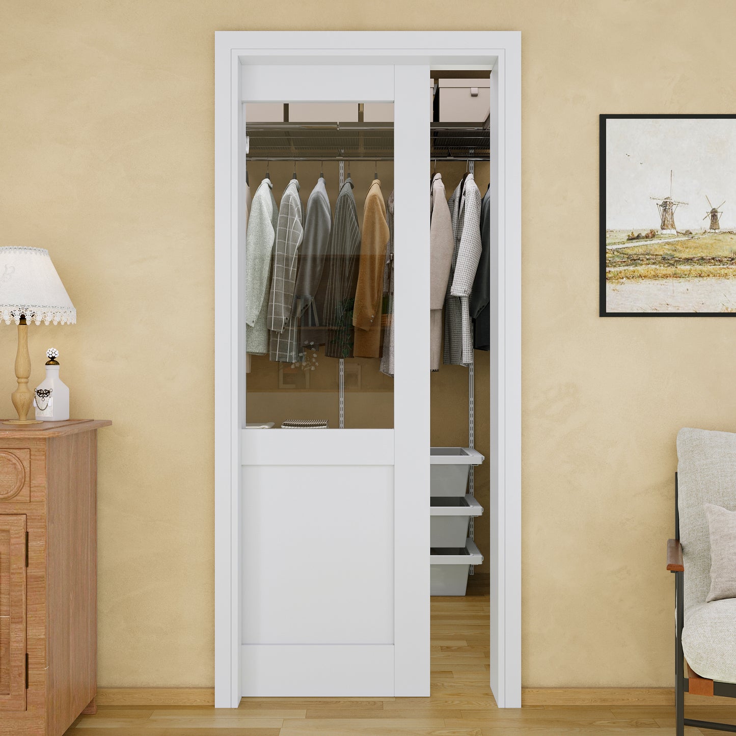 Jujubon Half-Lite Clear Glass Pocket Door with Hardware Kit & Soft Close & Frame, MDF Wood & Paint-grade Finished, White