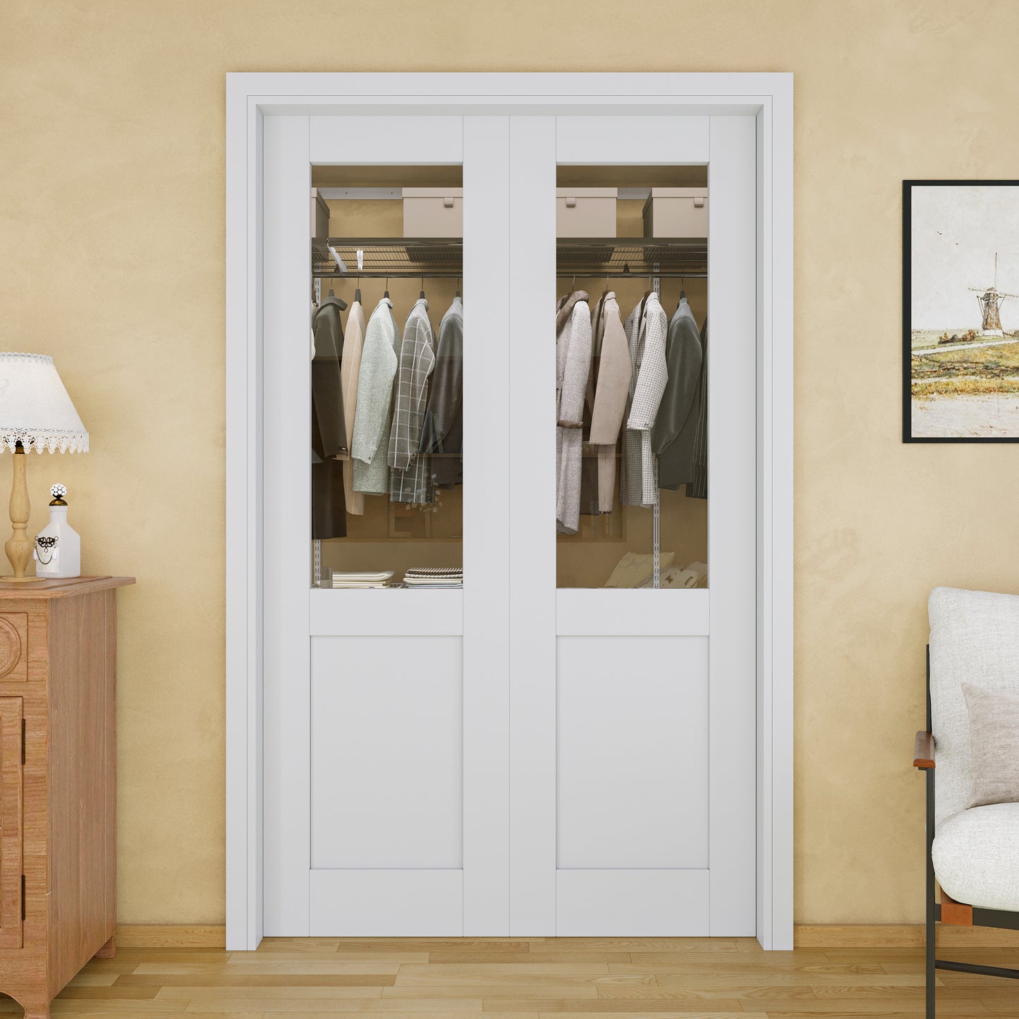 Jujubon Half-Lite Clear Glass Pocket Door with Hardware Kit & Soft Close & Frame, MDF Wood & Paint-grade Finished, White