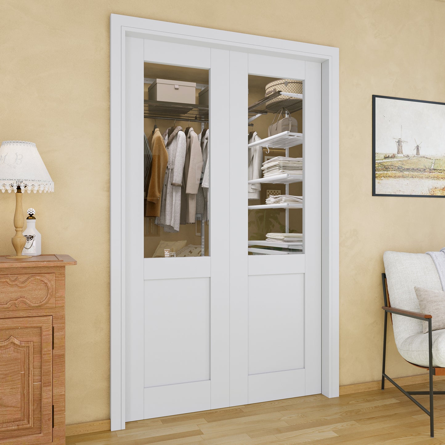 Jujubon Half-Lite Clear Glass Pocket Door with Hardware Kit & Soft Close & Frame, MDF Wood & Paint-grade Finished, White